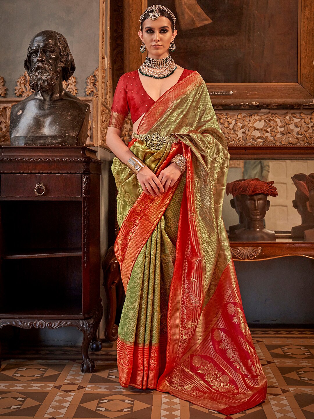 

Anouk Ethnic Motifs Woven Design Zari Detailed Banarasi Saree, Olive
