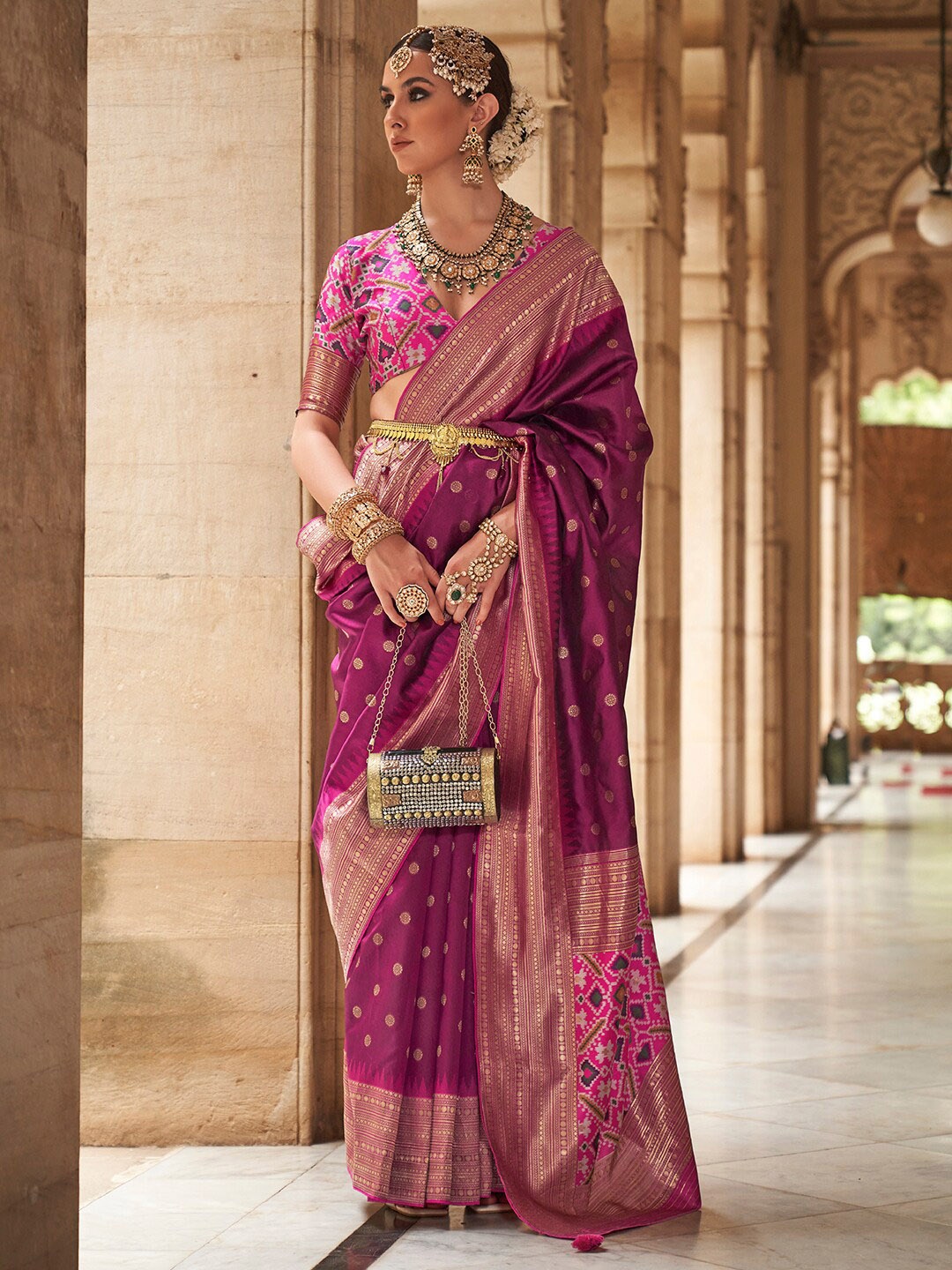 

Anouk Purple & Gold-Toned Ethnic Motifs Woven Design Zari Banarasi Saree