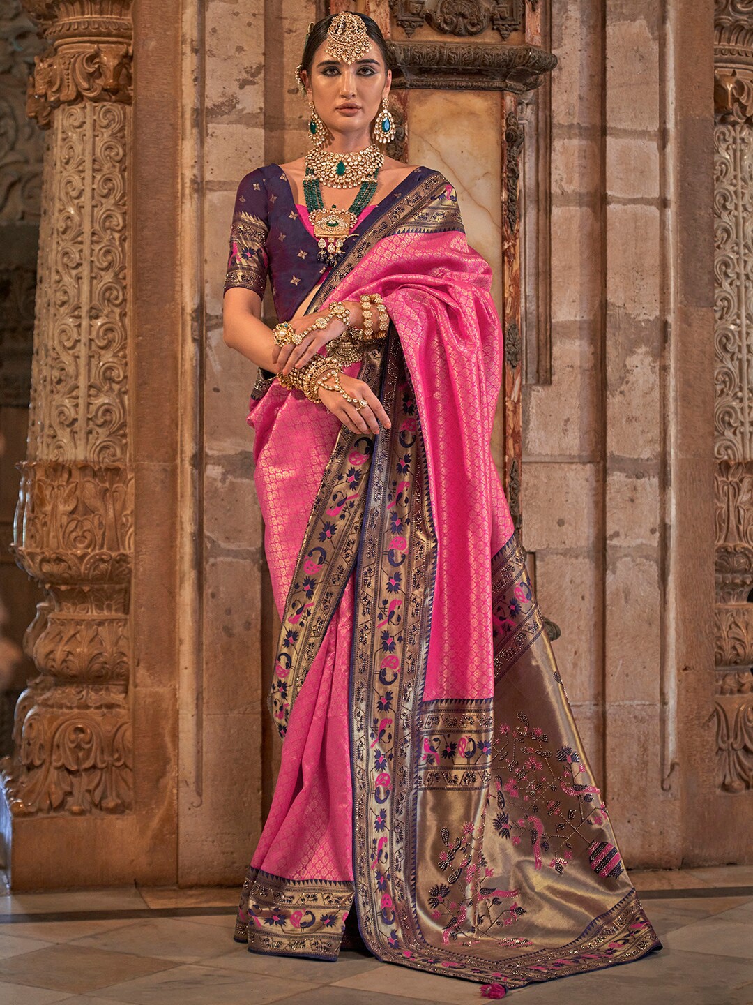 

Anouk Ethnic Motifs Woven Design Zari Detailed Banarasi Saree, Pink