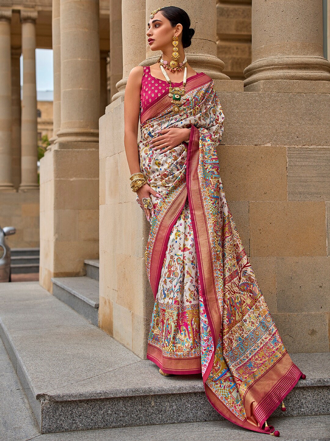 

Anouk Ethnic Motifs Woven Design Zari Detailed Banarasi Saree, White