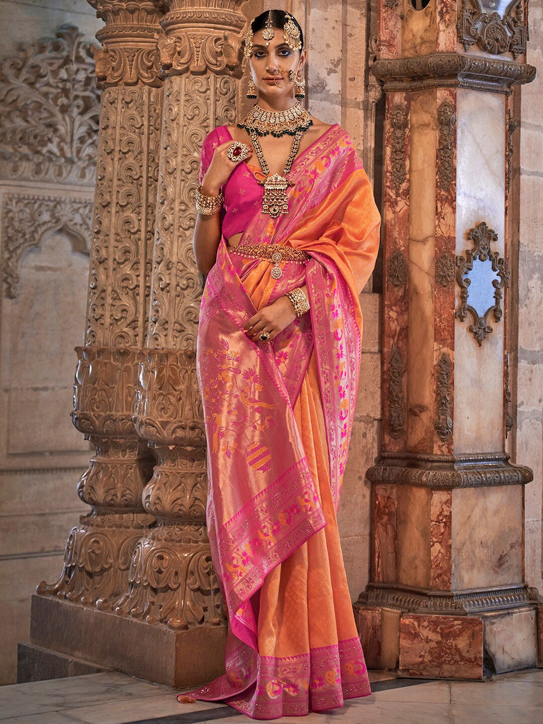 

Anouk Orange & Pink Woven Design Zari Banarasi Saree