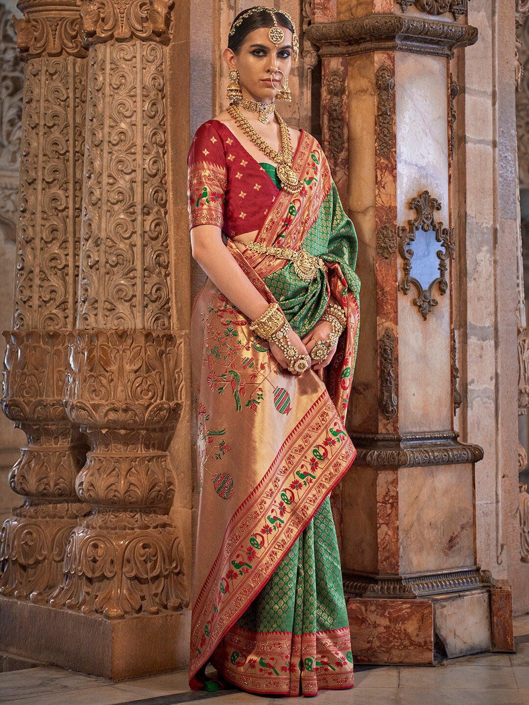 

Anouk Ethnic Motifs Woven Design Zari Detailed Banarasi Saree, Green