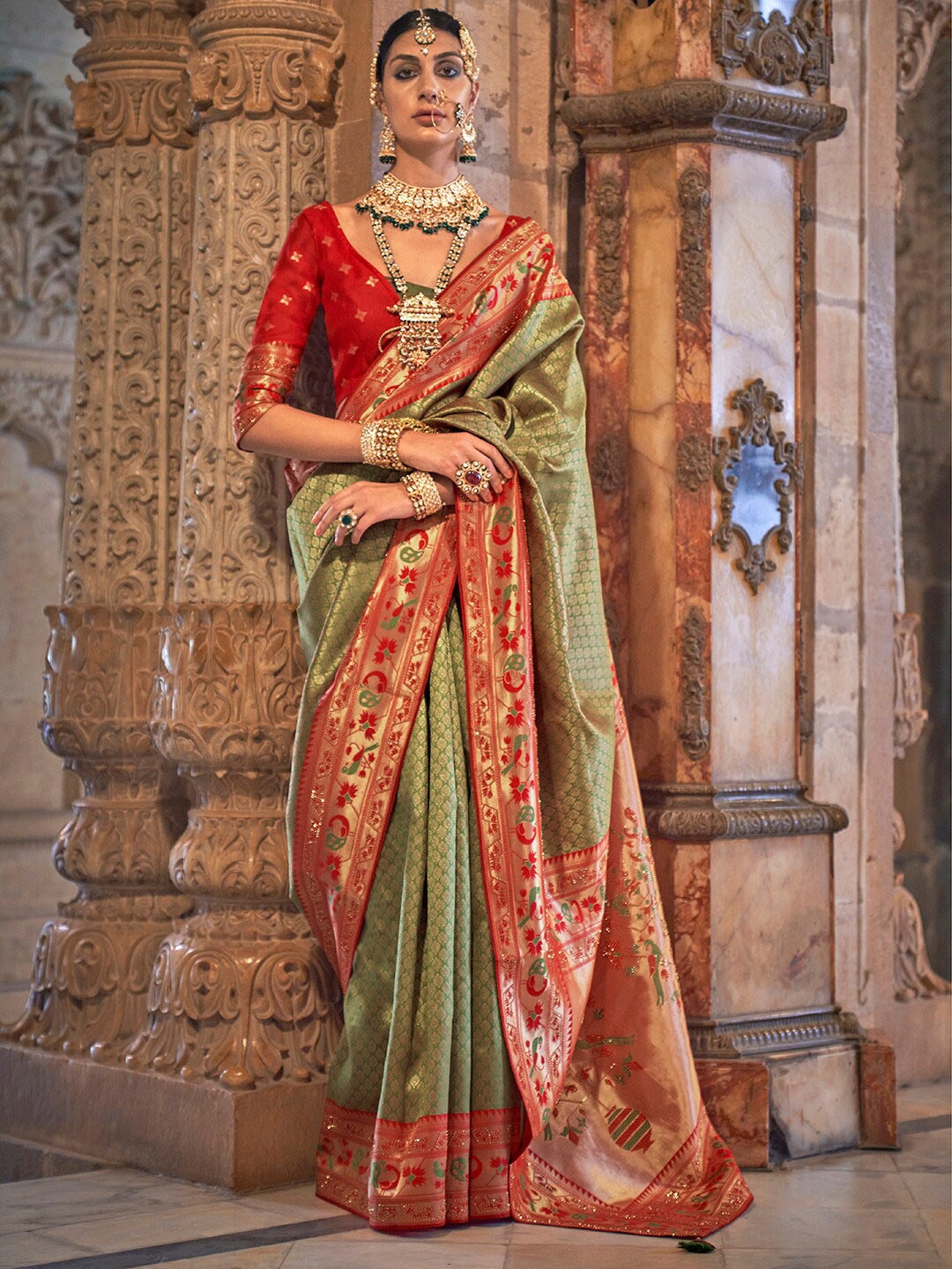 

Anouk Ethnic Motifs Woven Design Zari Silk Blend Banarasi Saree, Olive