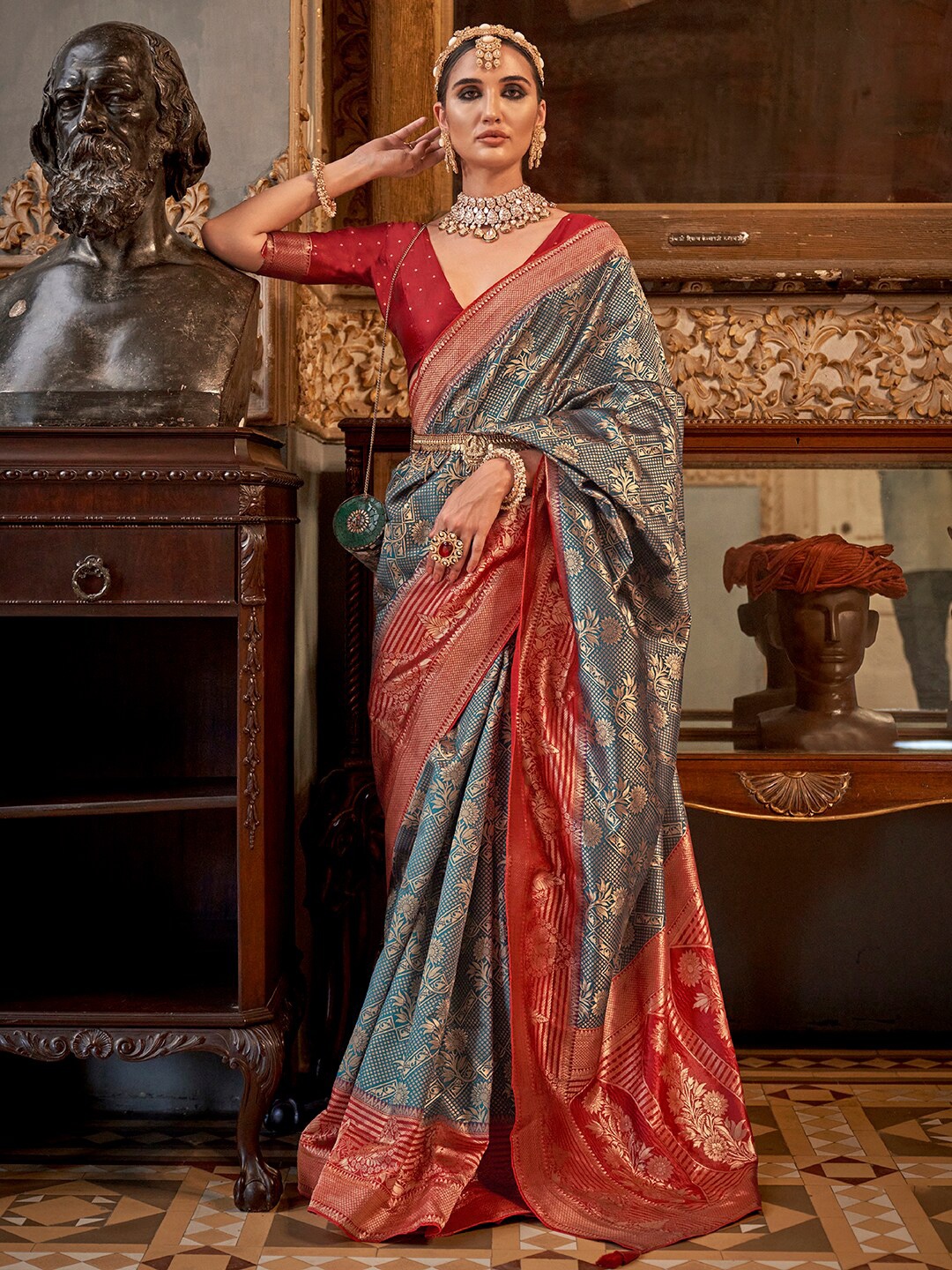 

Anouk Ethnic Motifs Woven Design Zari Silk Blend Banarasi Saree, Teal