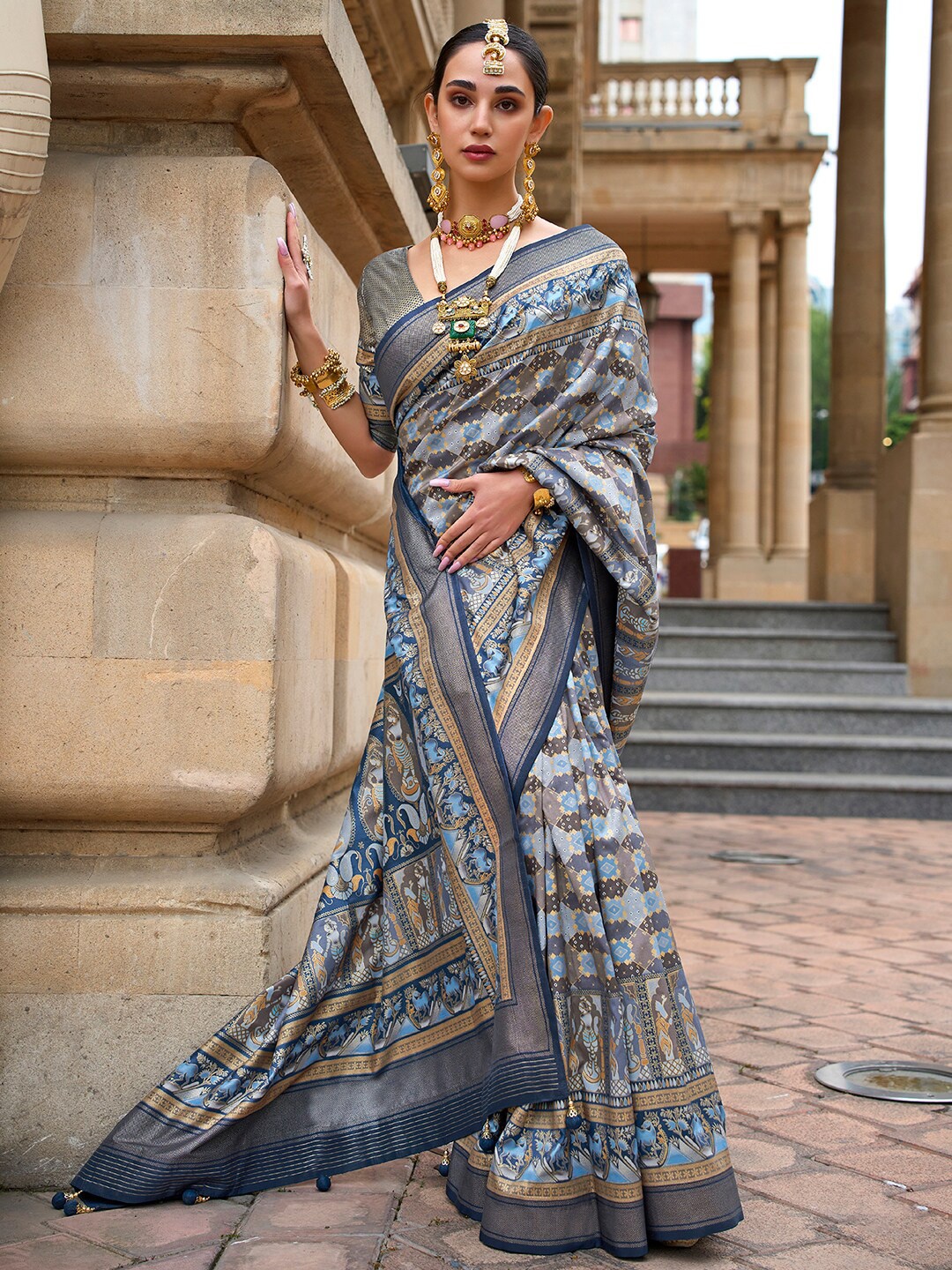 

Anouk Ethnic Motifs Printed Zari Silk Blend Banarasi Saree, Blue