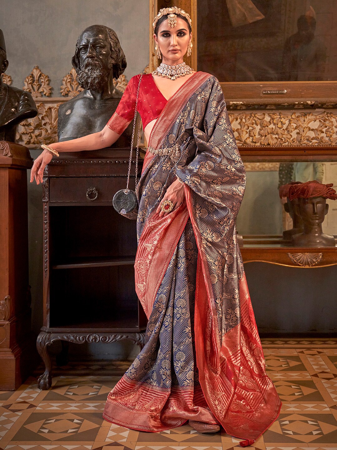 

Anouk Ethnic Motifs Zari Banarasi Saree, Navy blue