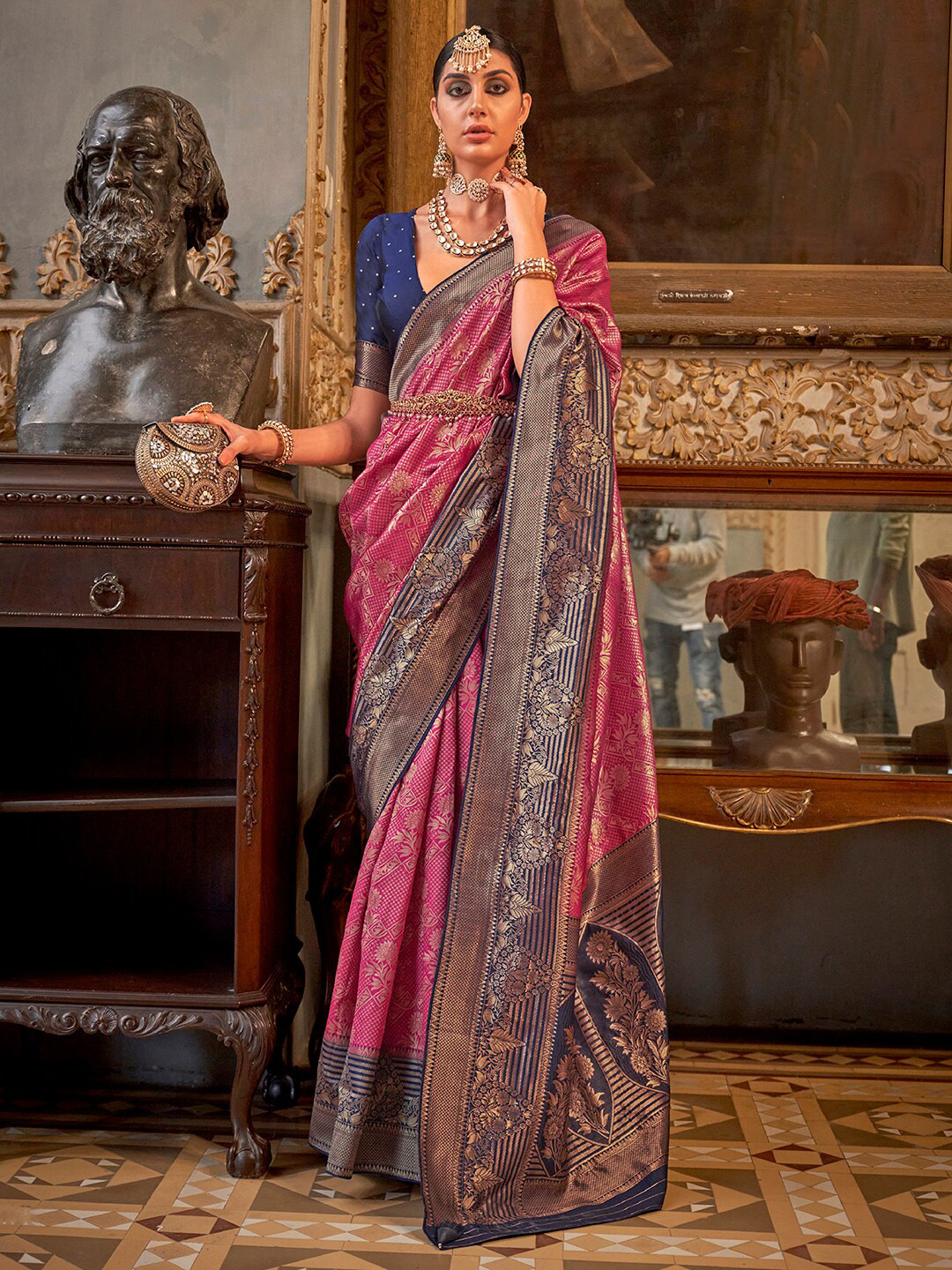 

Anouk Pink & Navy Blue Ethnic Motifs Woven Design Zari Banarasi Saree