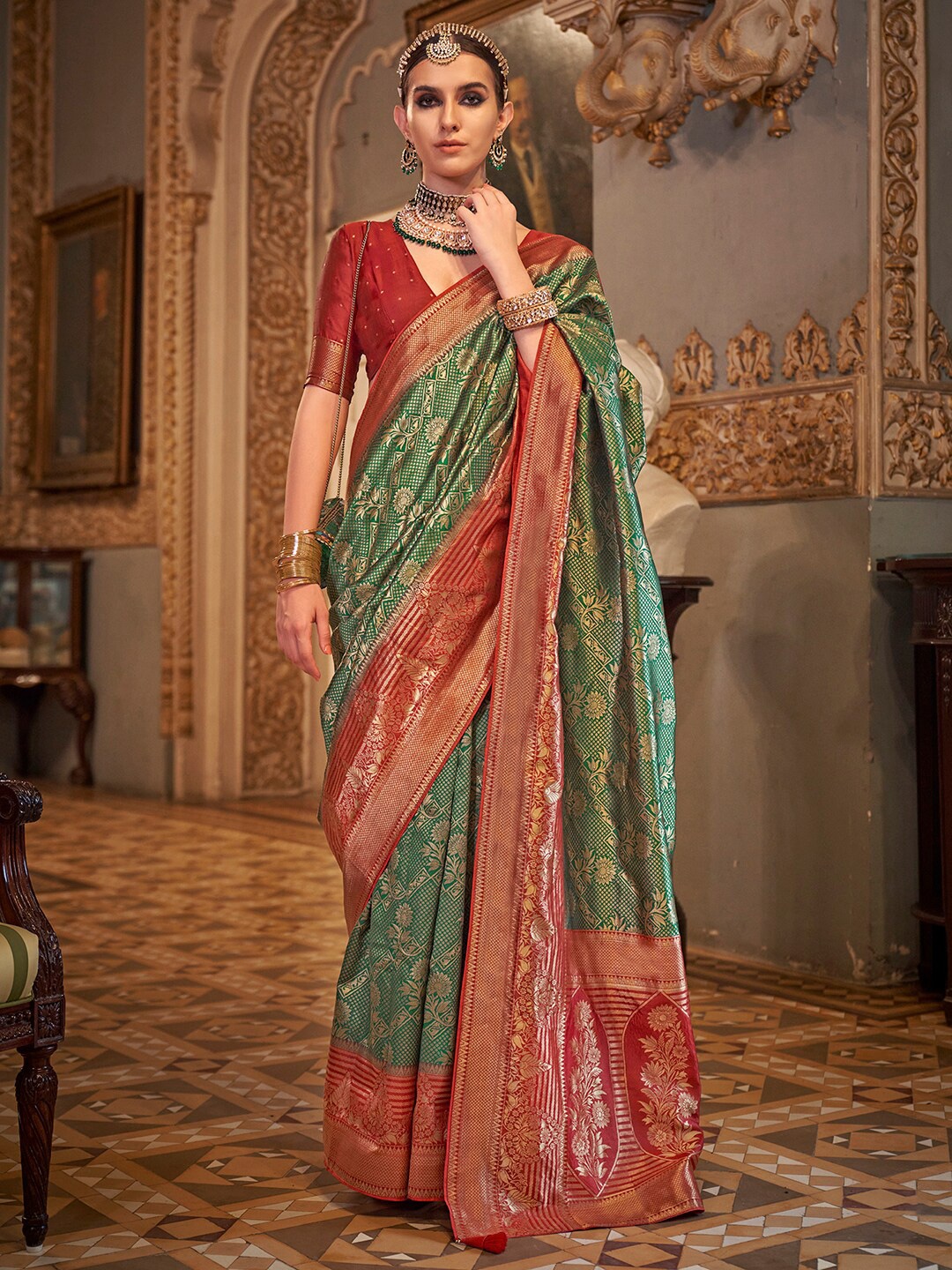 

Anouk Ethnic Motifs Zari Banarasi Saree, Green