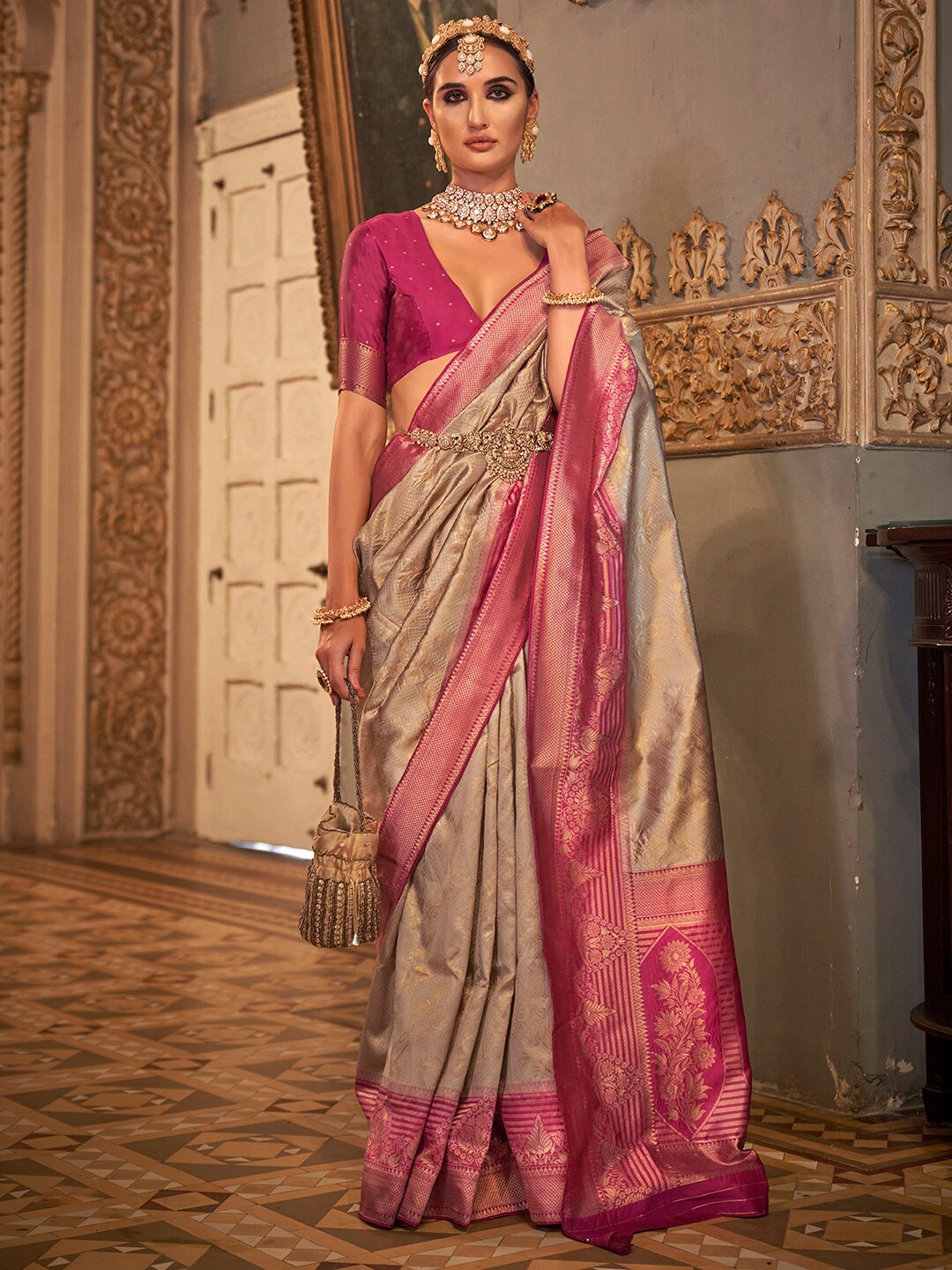 

Anouk Grey & Fuchsia Ethnic Motifs Woven Design Zari Banarasi Saree