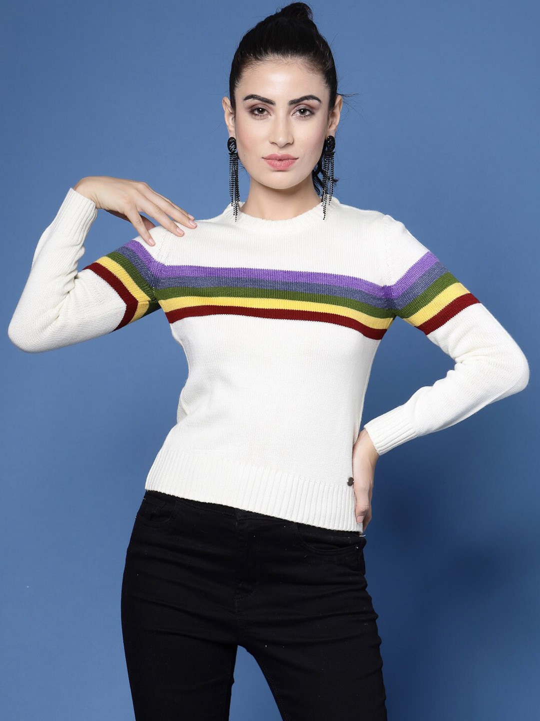 

Wool Trees Women Striped Pullover Sweater, White
