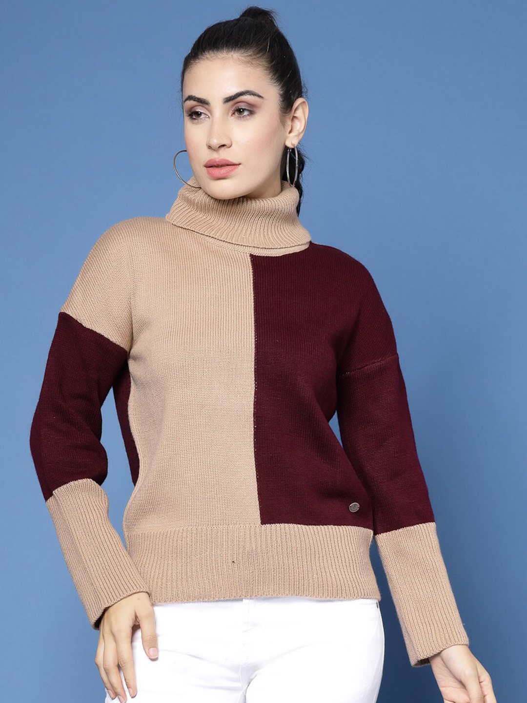 

Wool Trees Colourblocked Turtle Neck Pullover Sweater, Camel brown