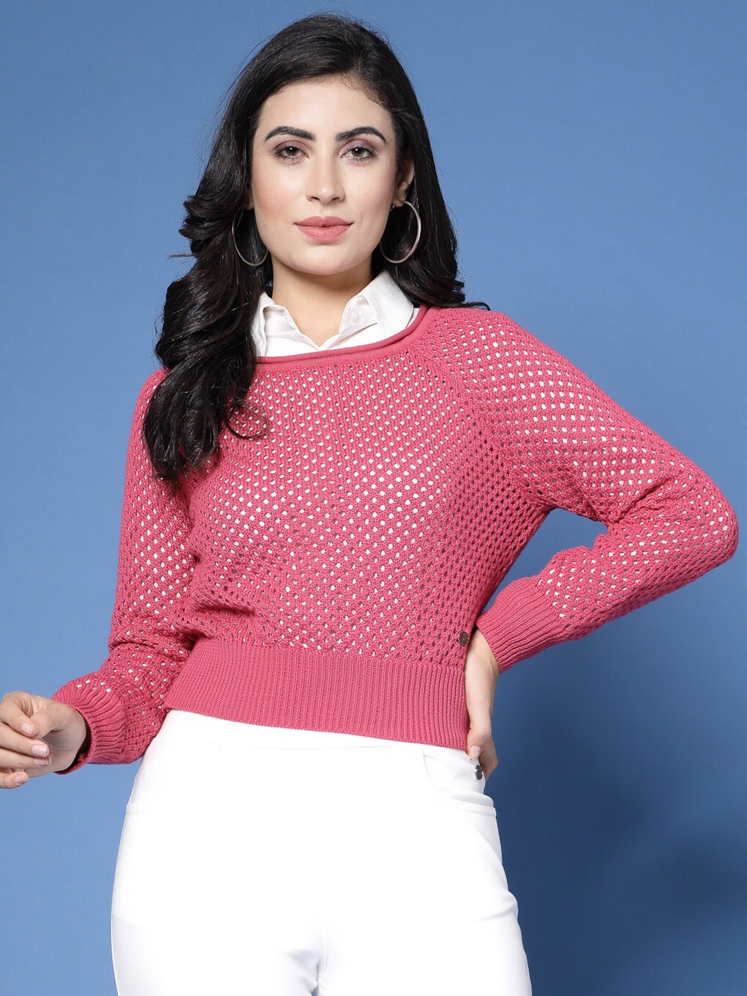 

Wool Trees Open Knit Cotton Pullover, Pink