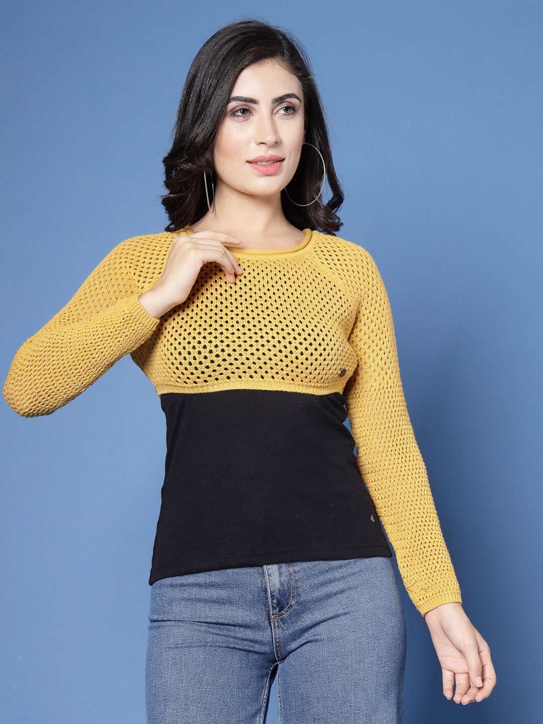 

Wool Trees Self Design Open Knit Crop Pullover, Yellow
