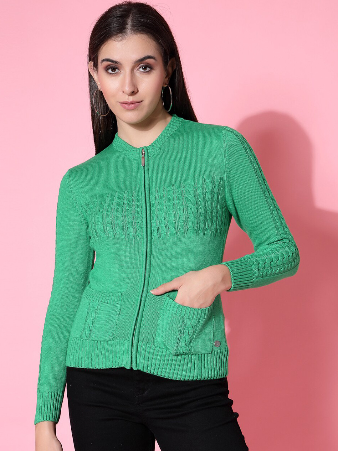 

Wool Trees Cable Knit Cotton Cardigan With Zip Detail, Green