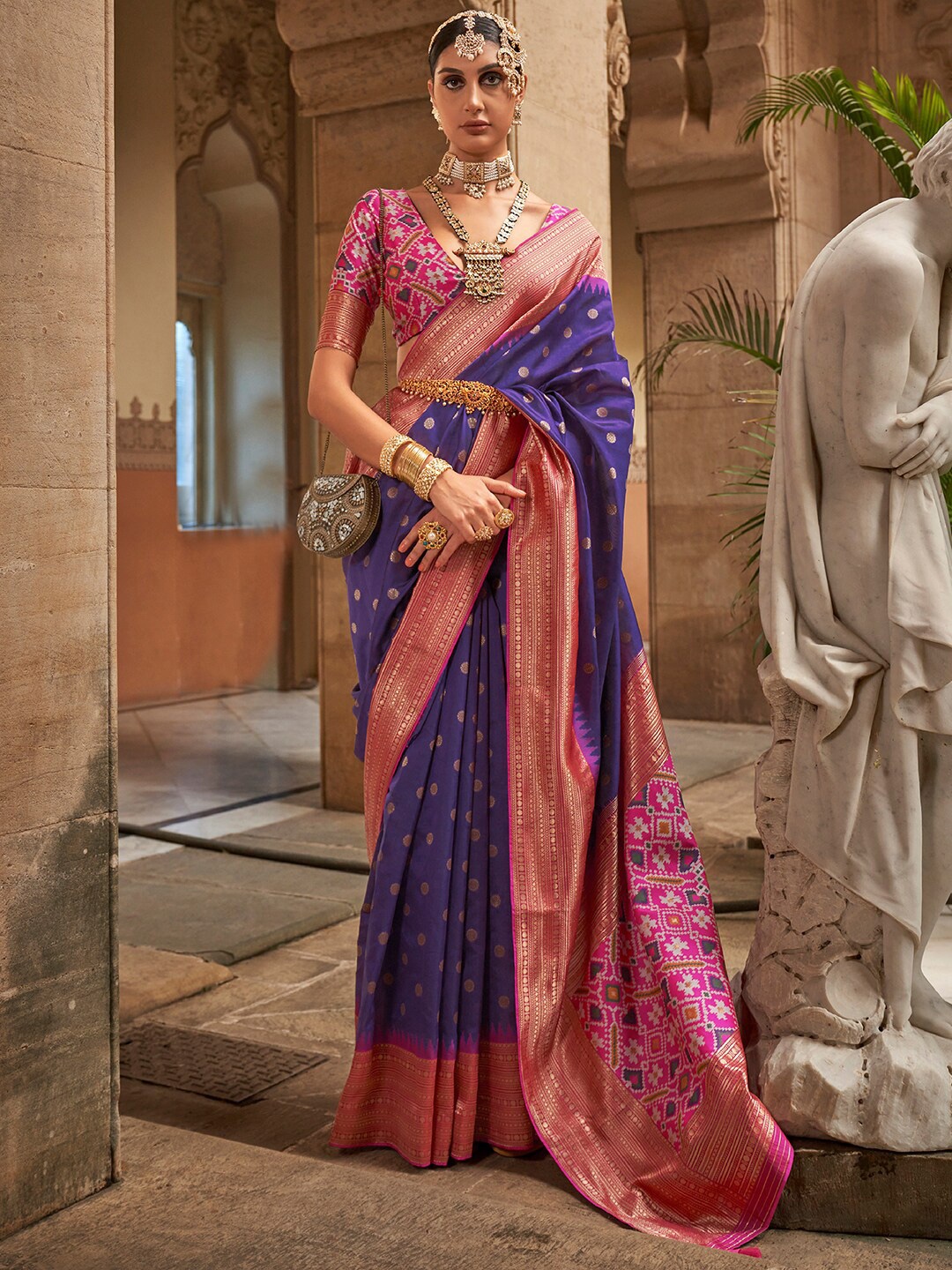 

Anouk Ethnic Motifs Woven Design Zari Silk Blend Banarasi Saree, Navy blue