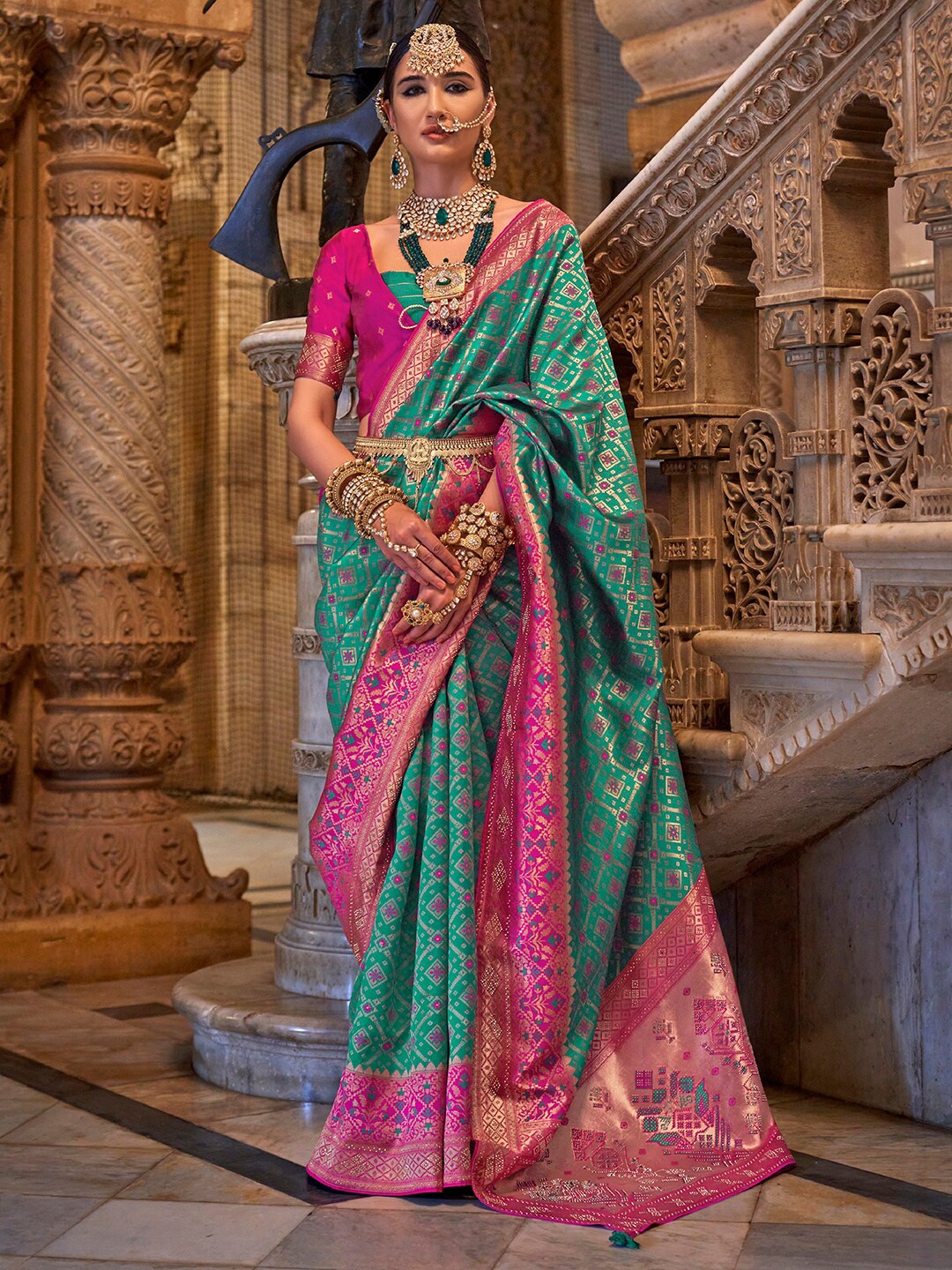 

Anouk Ethnic Motifs Woven Design Beads and Stones Banarasi Saree, Blue