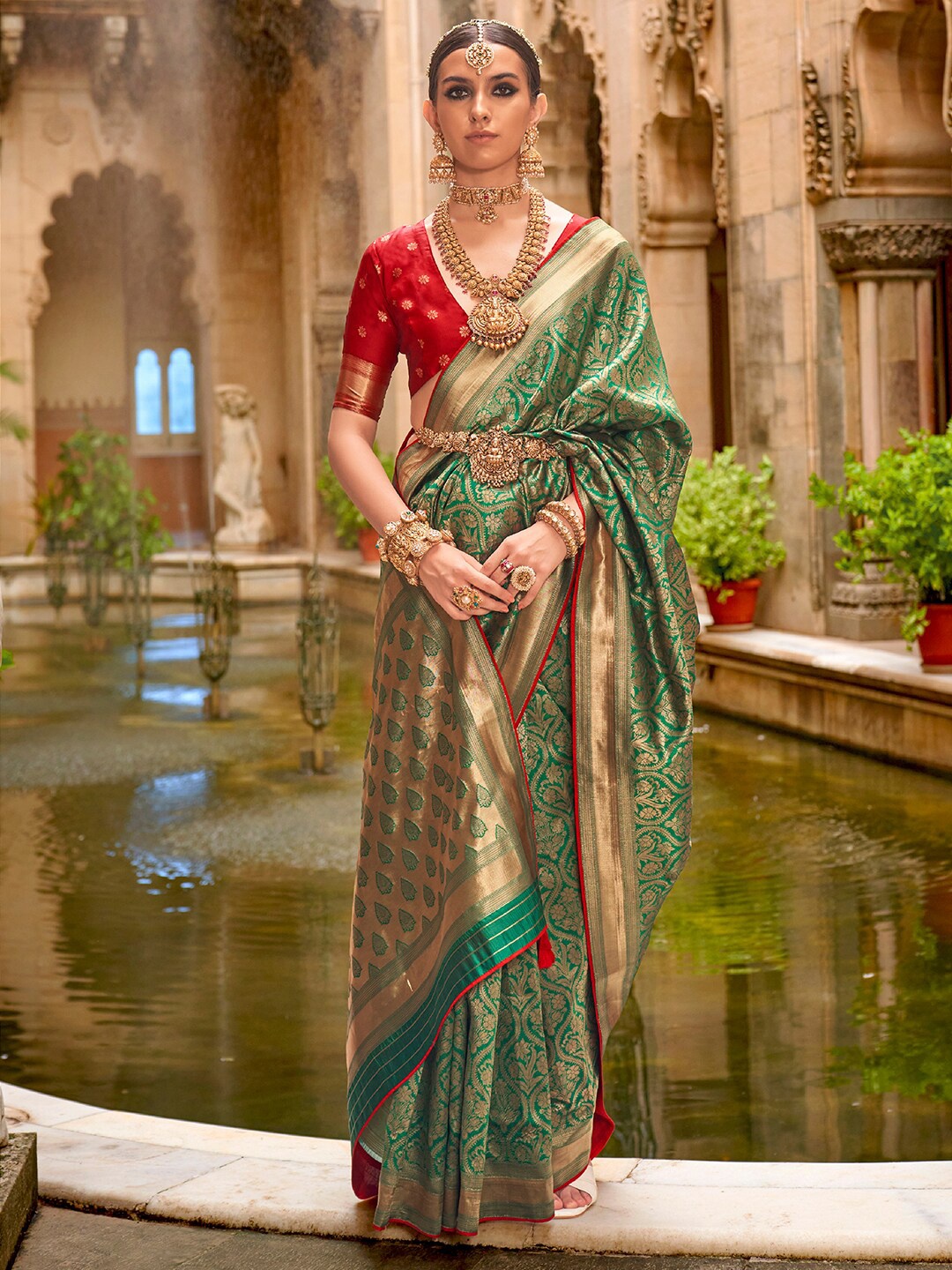 

Anouk Ethnic Motifs Woven Design Zari Banarasi Saree, Green