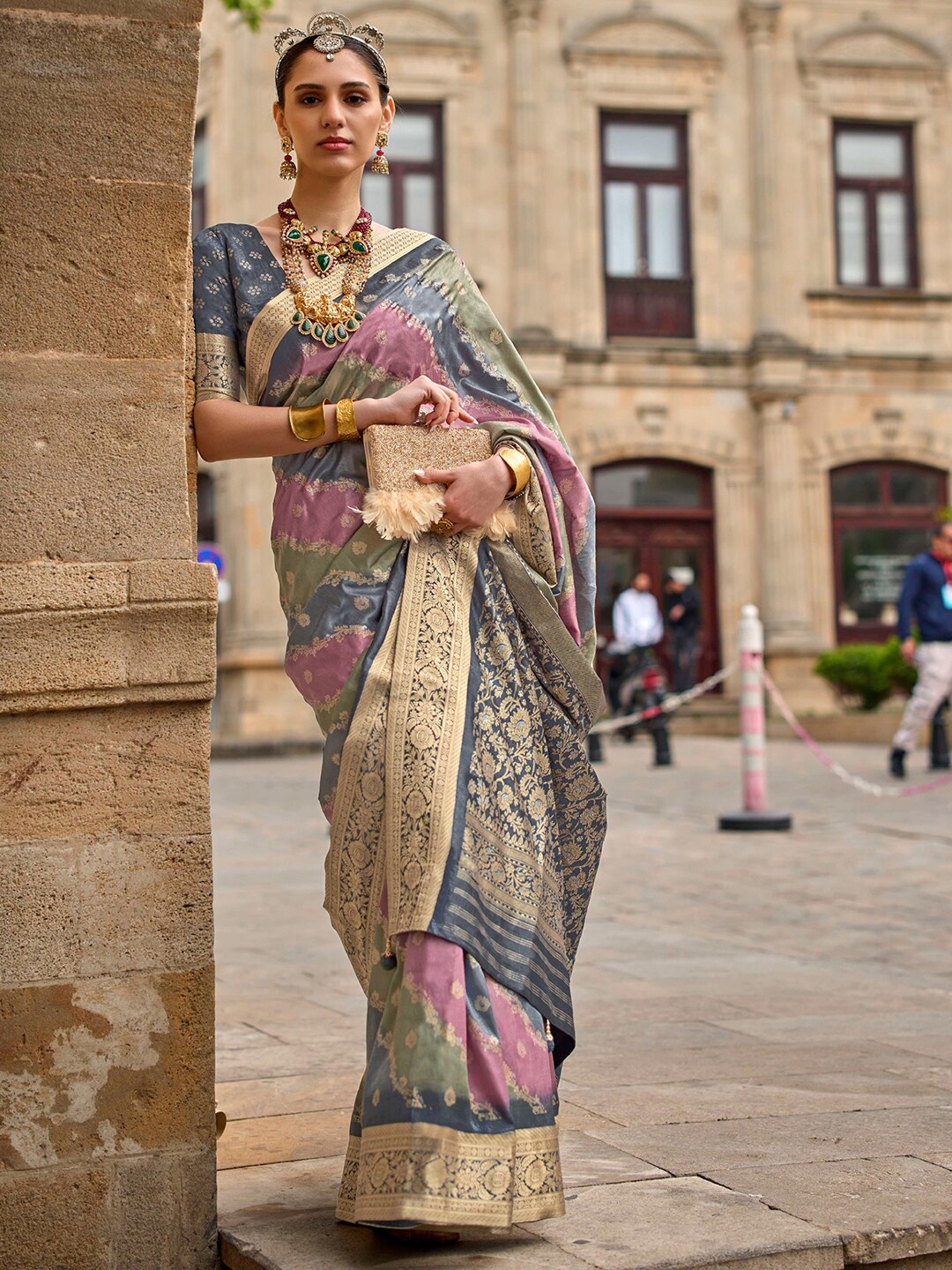 

Anouk Grey & Pink Ethnic Motifs Woven Design Zari Banarasi Saree