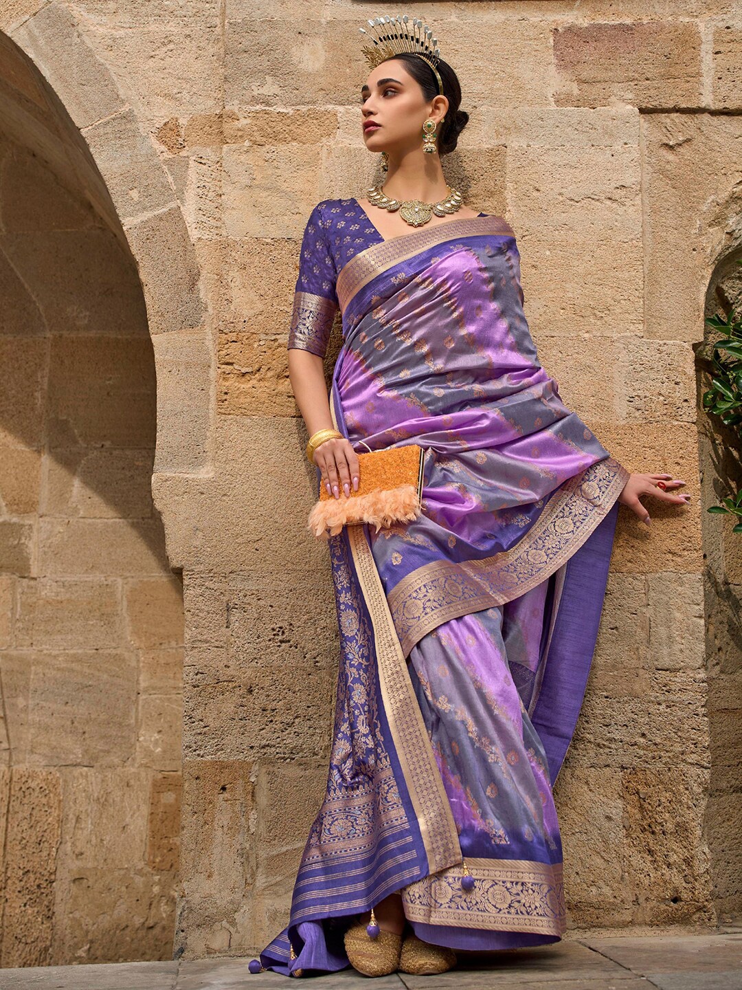 

Anouk Ethnic Motifs Woven Design Zari Detailed Banarasi Saree, Lavender