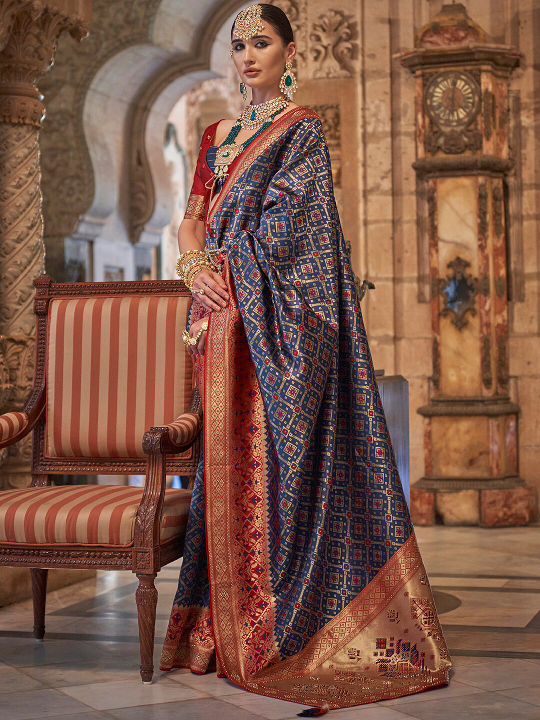 

Anouk Ethnic Motifs Woven Design Zari Detail Banarasi Saree, Navy blue