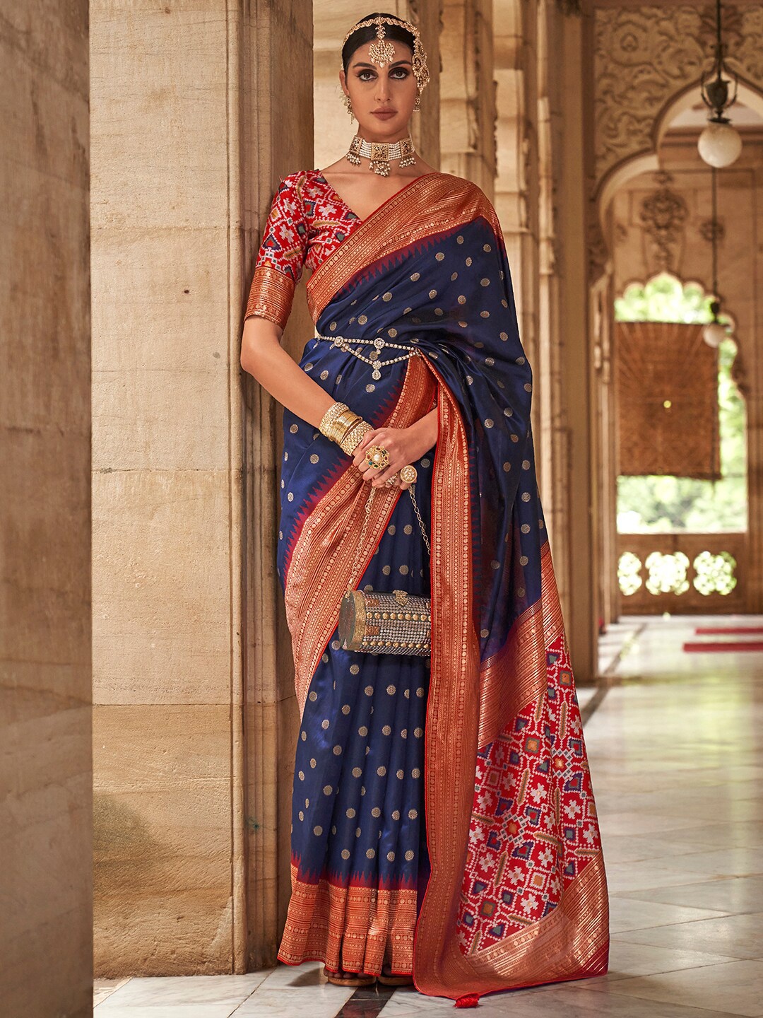 

Anouk Ethnic Motifs Woven Design Zari Detailed Banarasi Saree, Navy blue