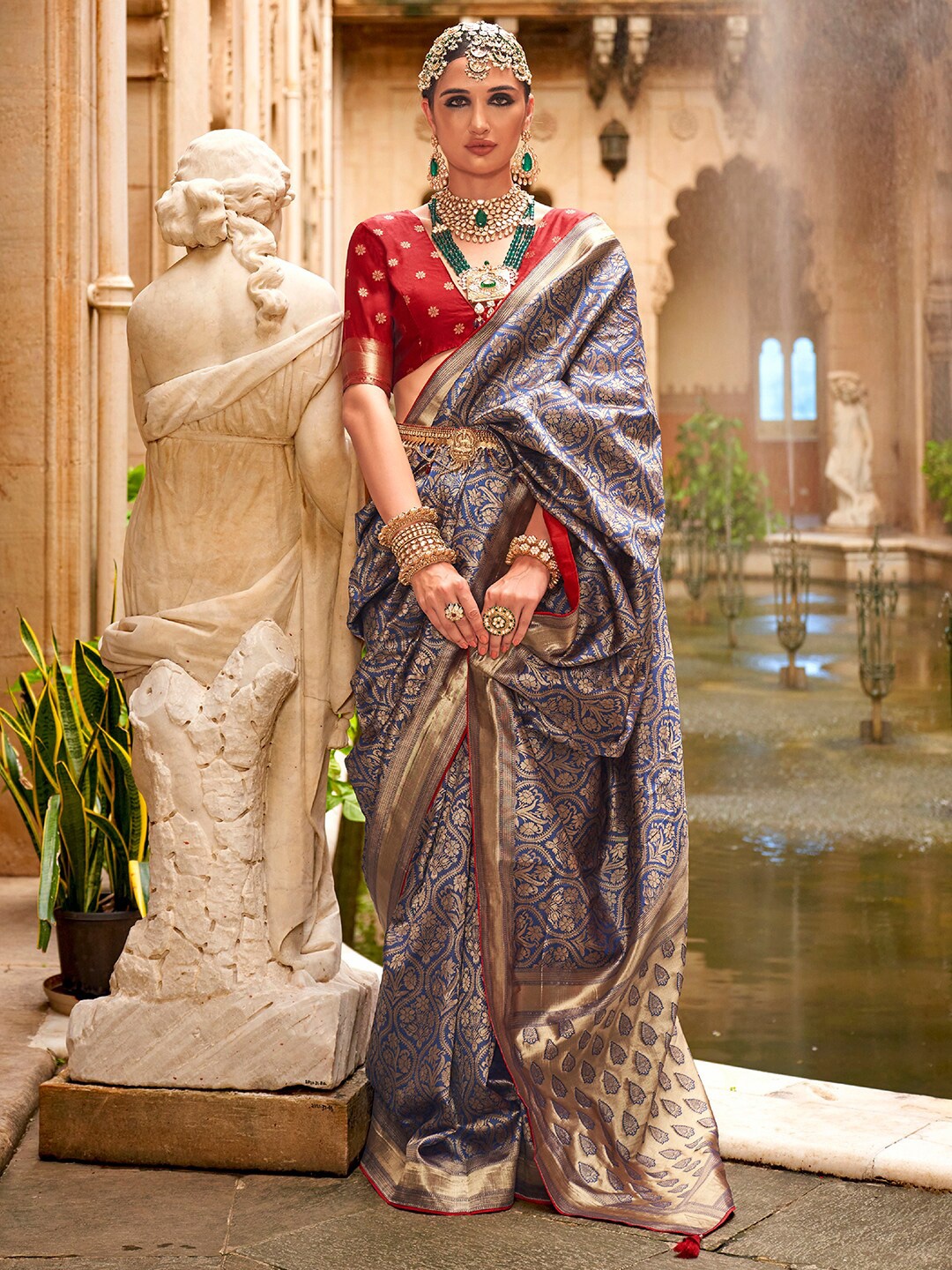 

Anouk Woven Design Zari Silk Blend Banarasi Saree, Navy blue