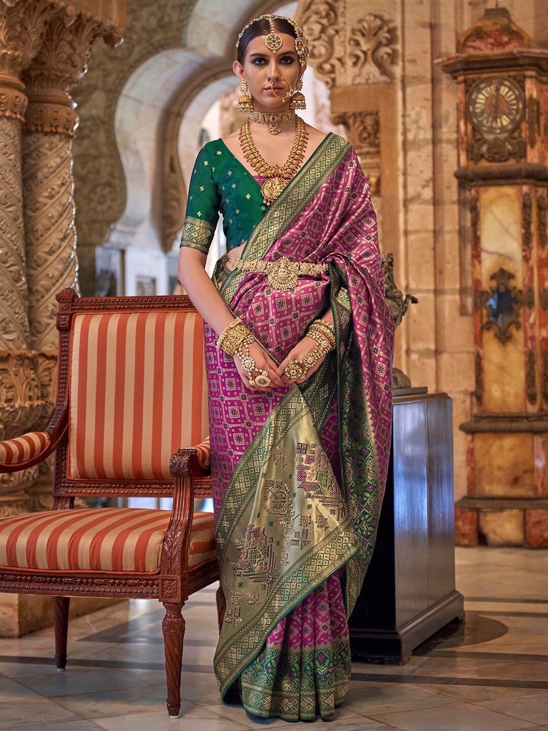

Anouk Ethnic Motifs Printed Beads and Stones Silk Blend Banarasi Saree, Purple
