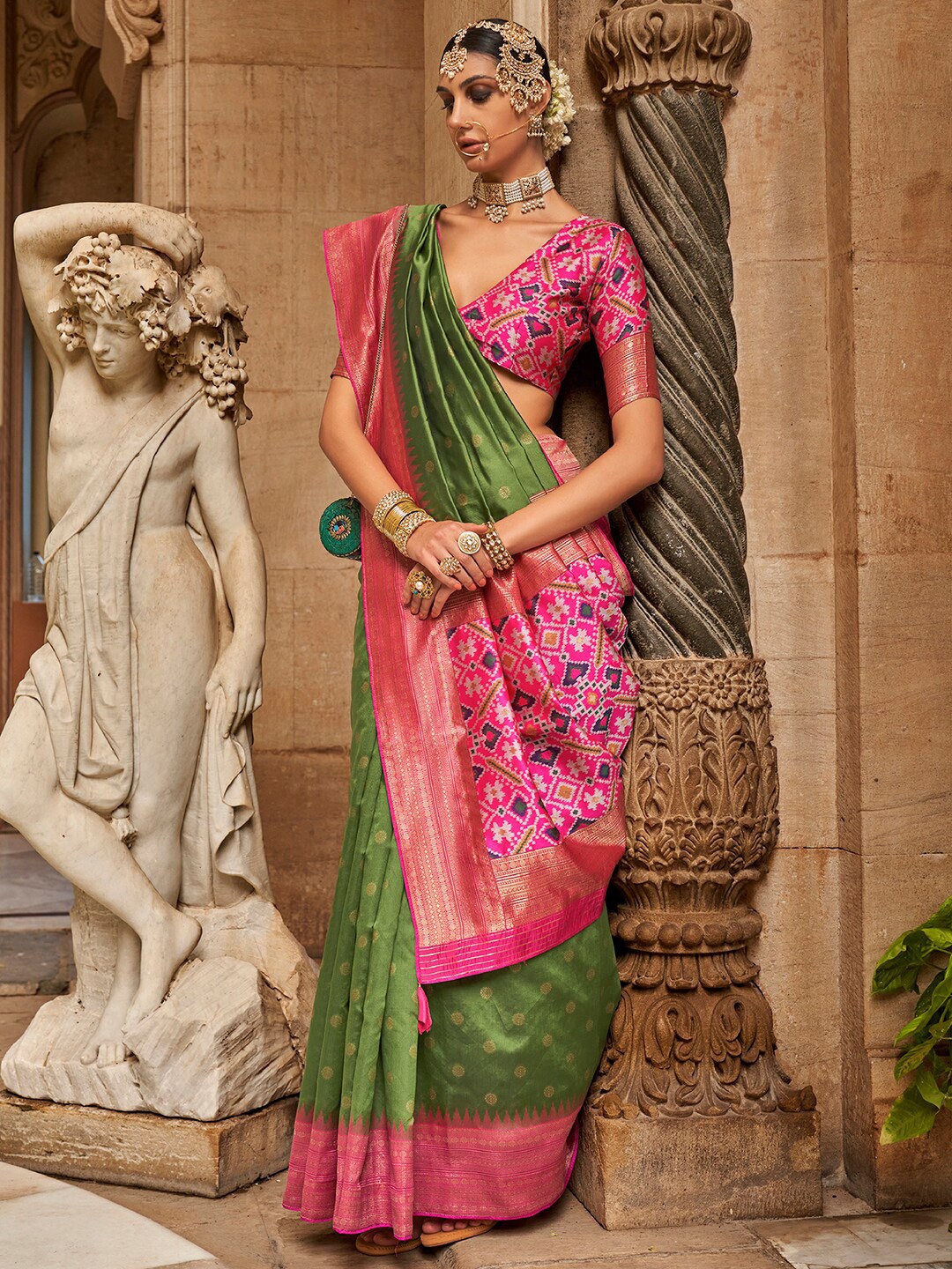 

Anouk Ethnic Motifs Woven Design Zari Detailed Banarasi Saree, Olive