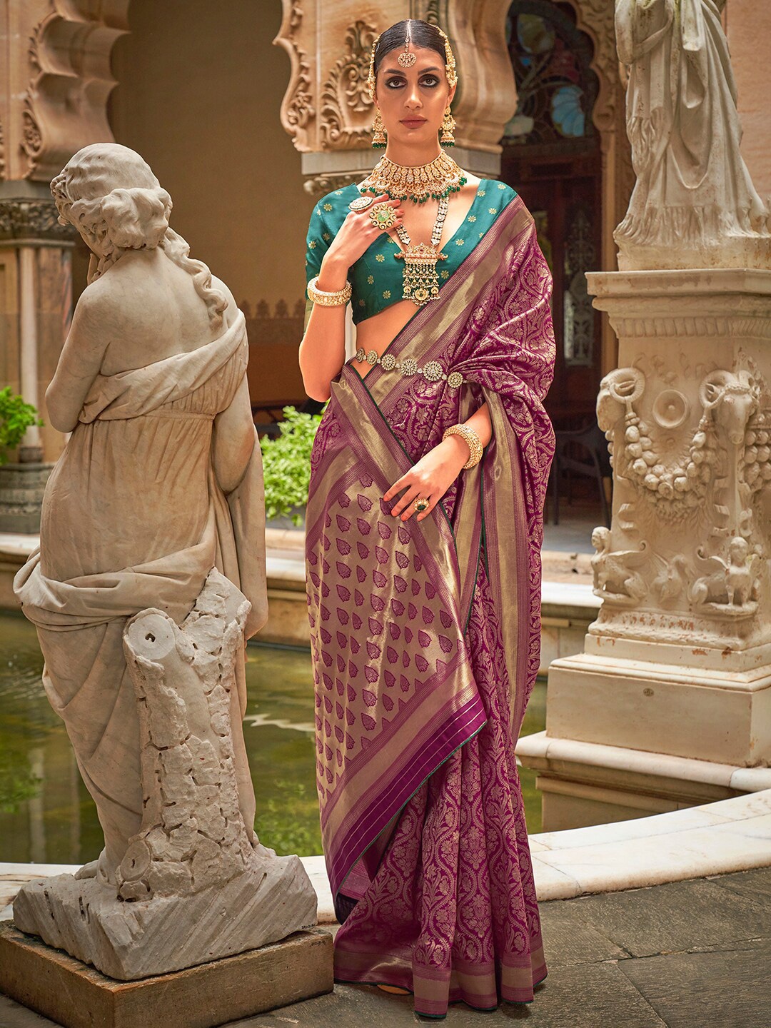 

Anouk Ethnic Motifs Woven Design Zari Detailed Banarasi Saree, Purple