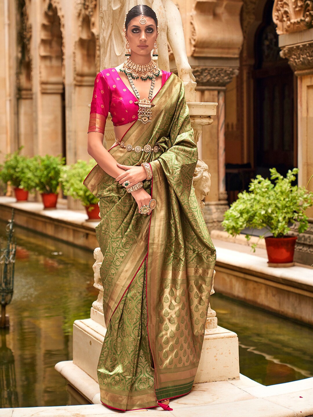 

Anouk Ethnic Motifs Woven Design Zari Detailed Banarasi Saree, Olive