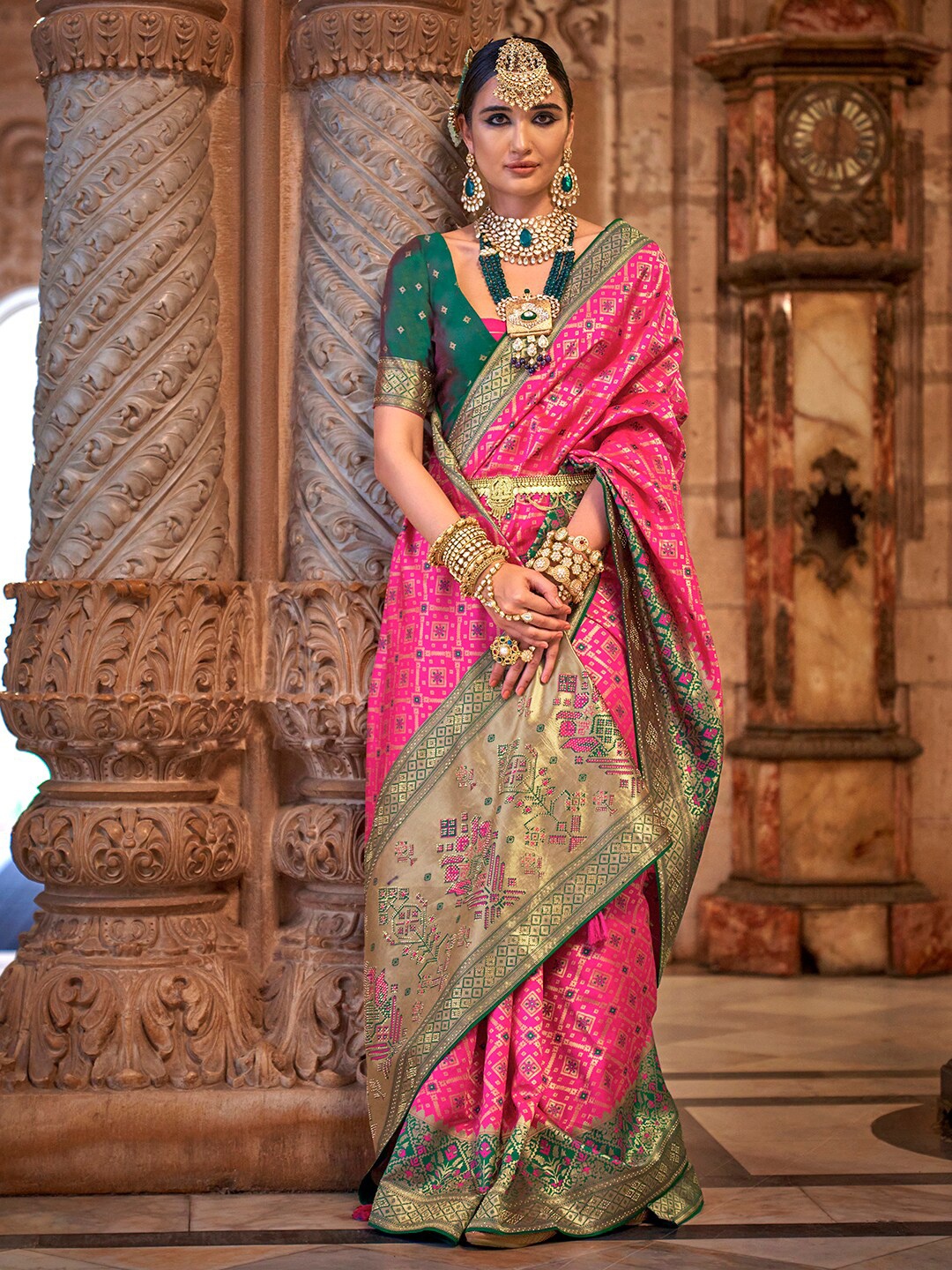 

Anouk Pink & Gold-Toned Woven Design Beads and Stones Silk Blend Banarasi Saree