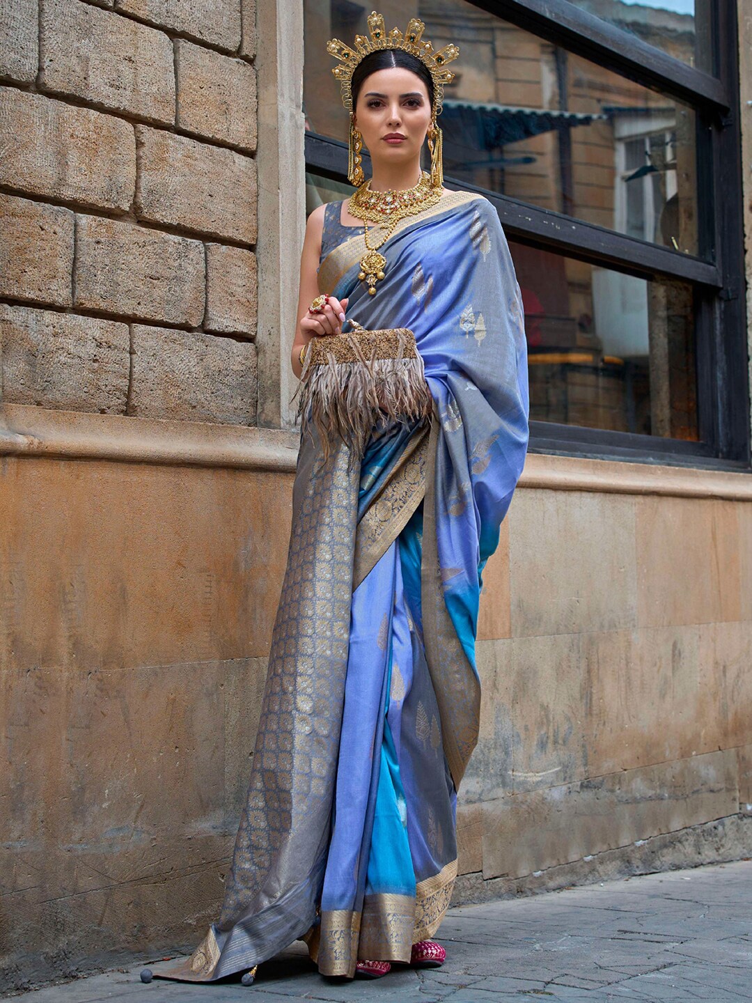 

Anouk Blue & Gold-Toned Ethnic Motifs Woven Design Zari Banarasi Saree