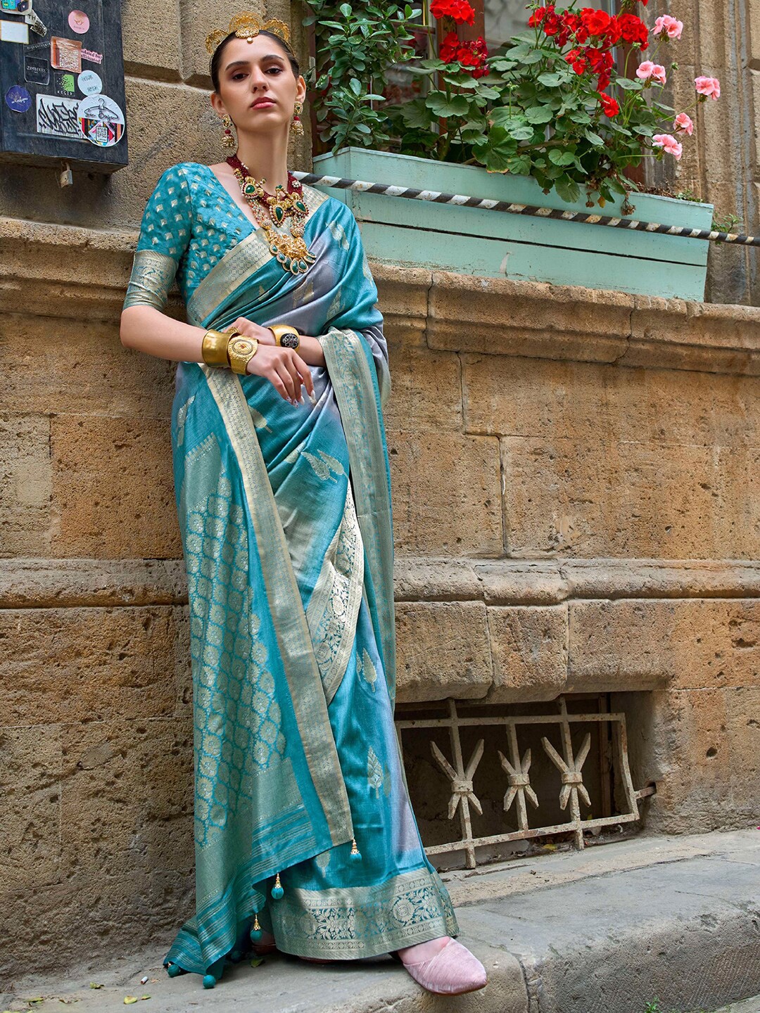 

Anouk Ethnic Motifs Woven Design Zari Detailed Banarasi Saree, Blue