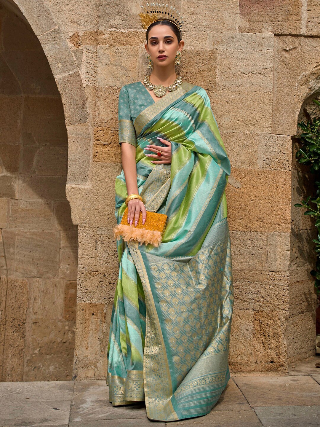 

Anouk Sea Green & Grey Ethnic Motifs Woven Design Zari Banarasi Saree
