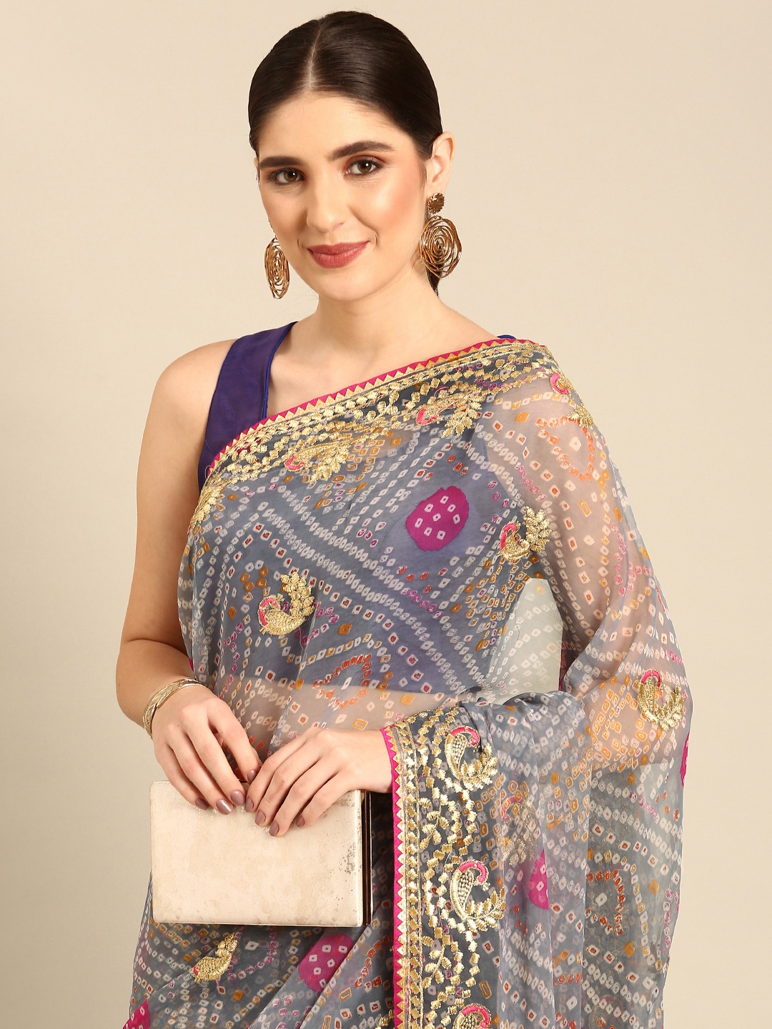 

Rani Saahiba Bandhani Printed Embroidered Saree, Grey