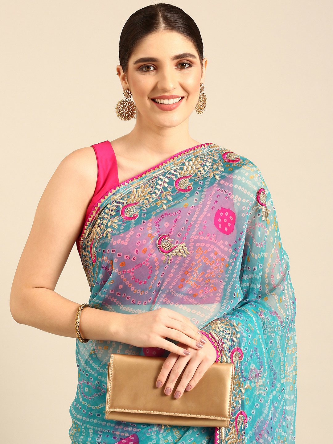 

Rani Saahiba Bandhani Printed Embroidered Saree, Turquoise blue