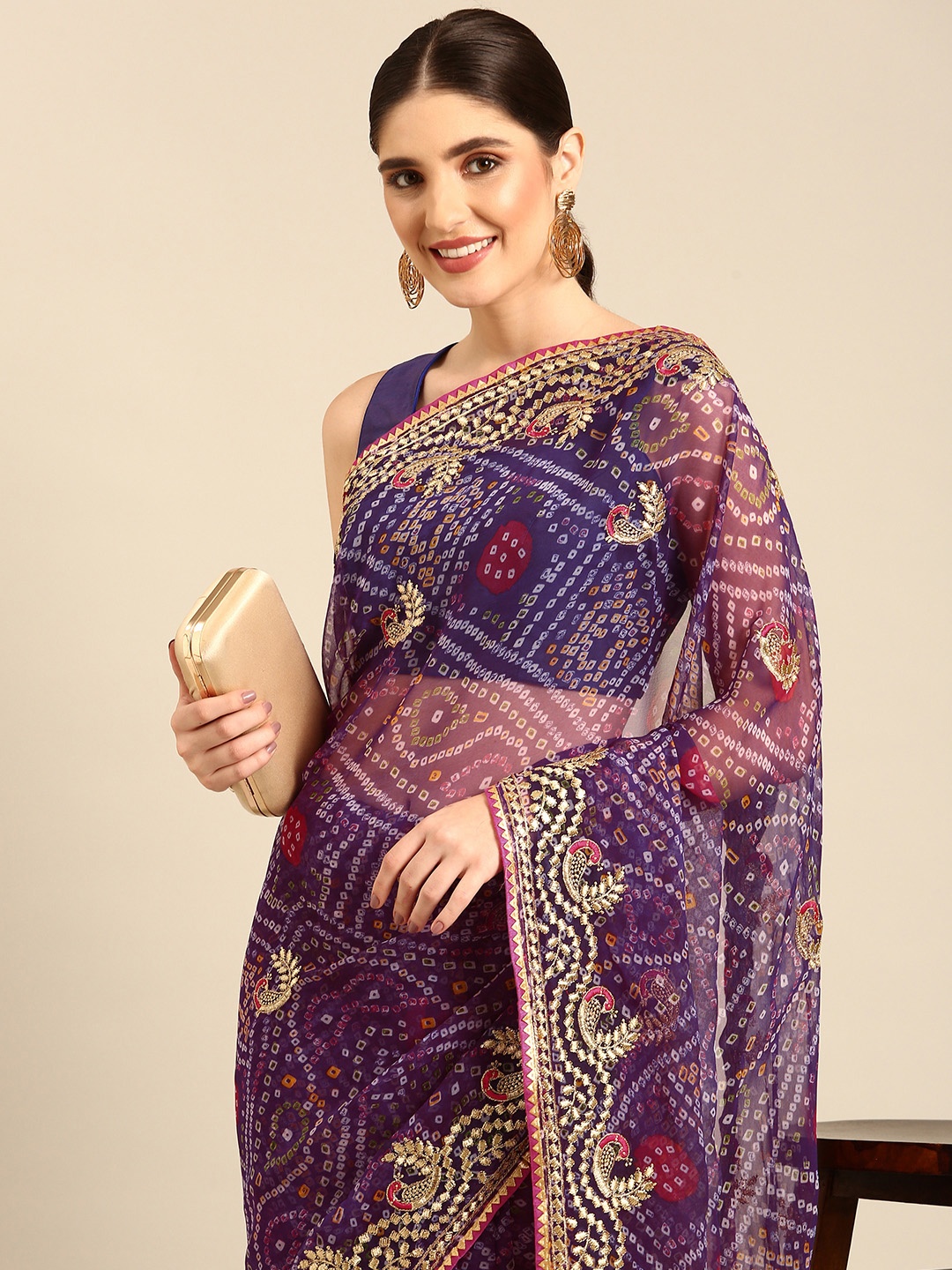 

Rani Saahiba Bandhani Printed Embroidered Saree, Purple