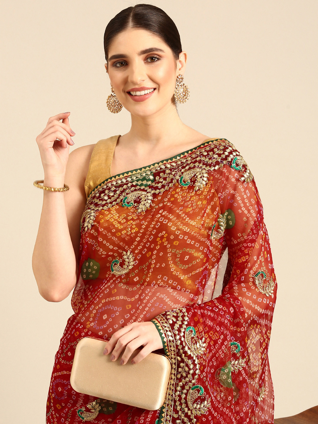 

Rani Saahiba Bandhani Printed Embroidered Saree, Red