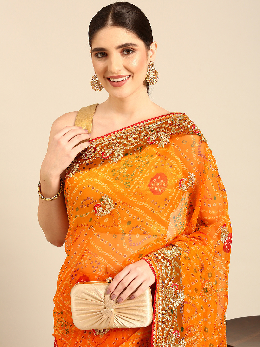

Rani Saahiba Bandhani Printed Embroidered Saree, Gold
