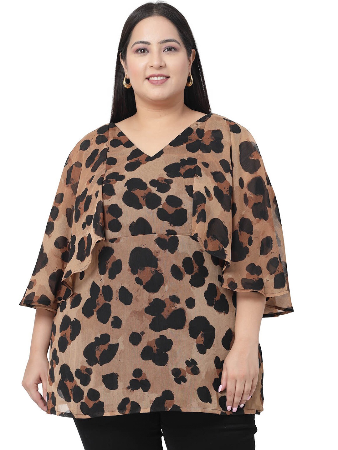 

plusS Women Plus Size Animal Printed Flared Sleeve Styled Back Top, Brown