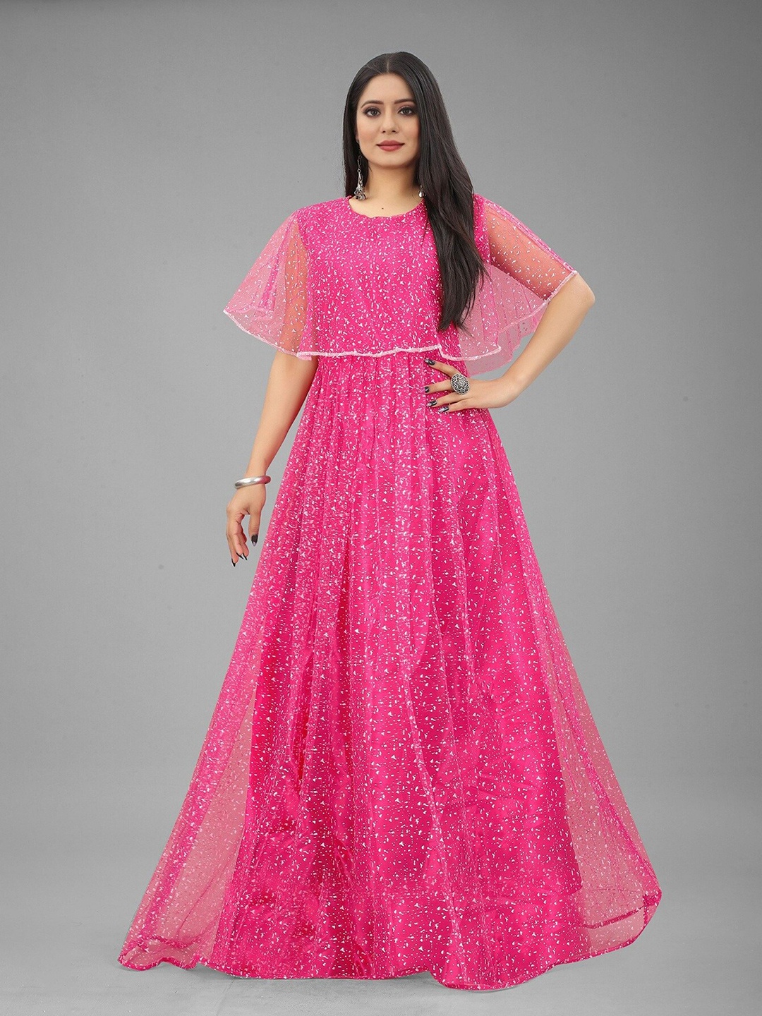 

APNISHA Abstract Printed Flared Sleeves Net Maxi Dress, Magenta