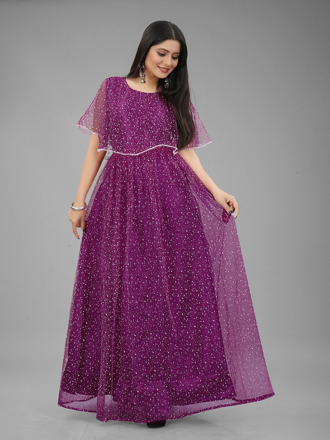 

APNISHA Abstract Printed Flared Sleeves Net Maxi Dress, Purple