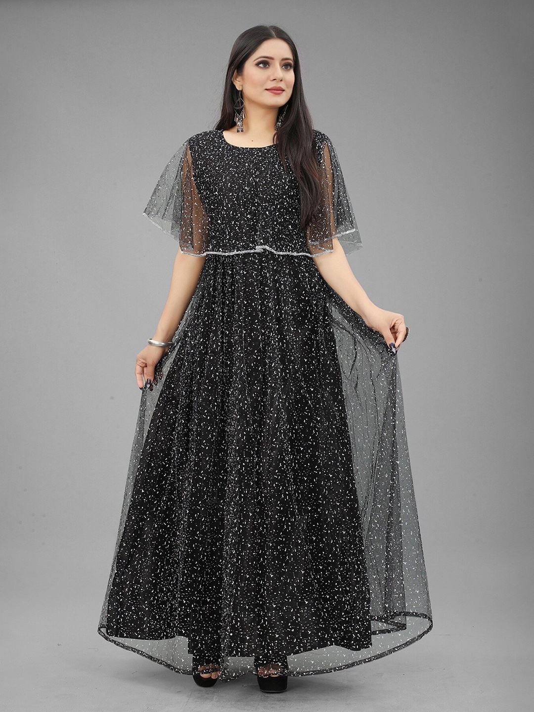 

APNISHA Abstract Printed Flared Sleeves Net Maxi Dress, Black