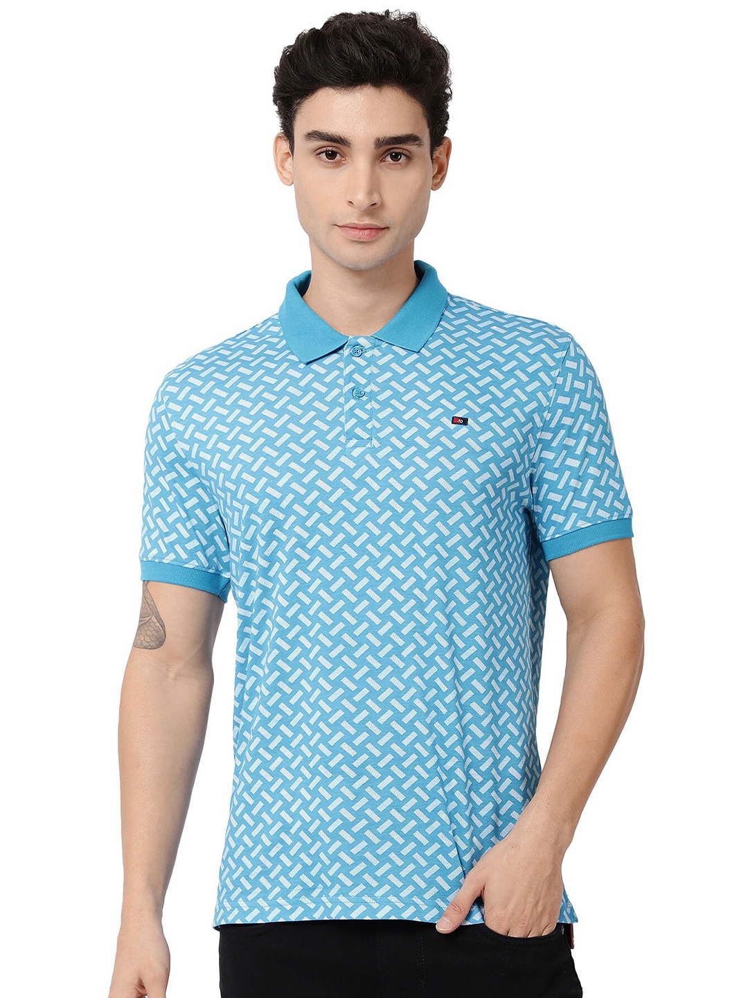 

AD By Arvind Geometric Printed Polo Collar Pure Cotton T-shirt, Blue