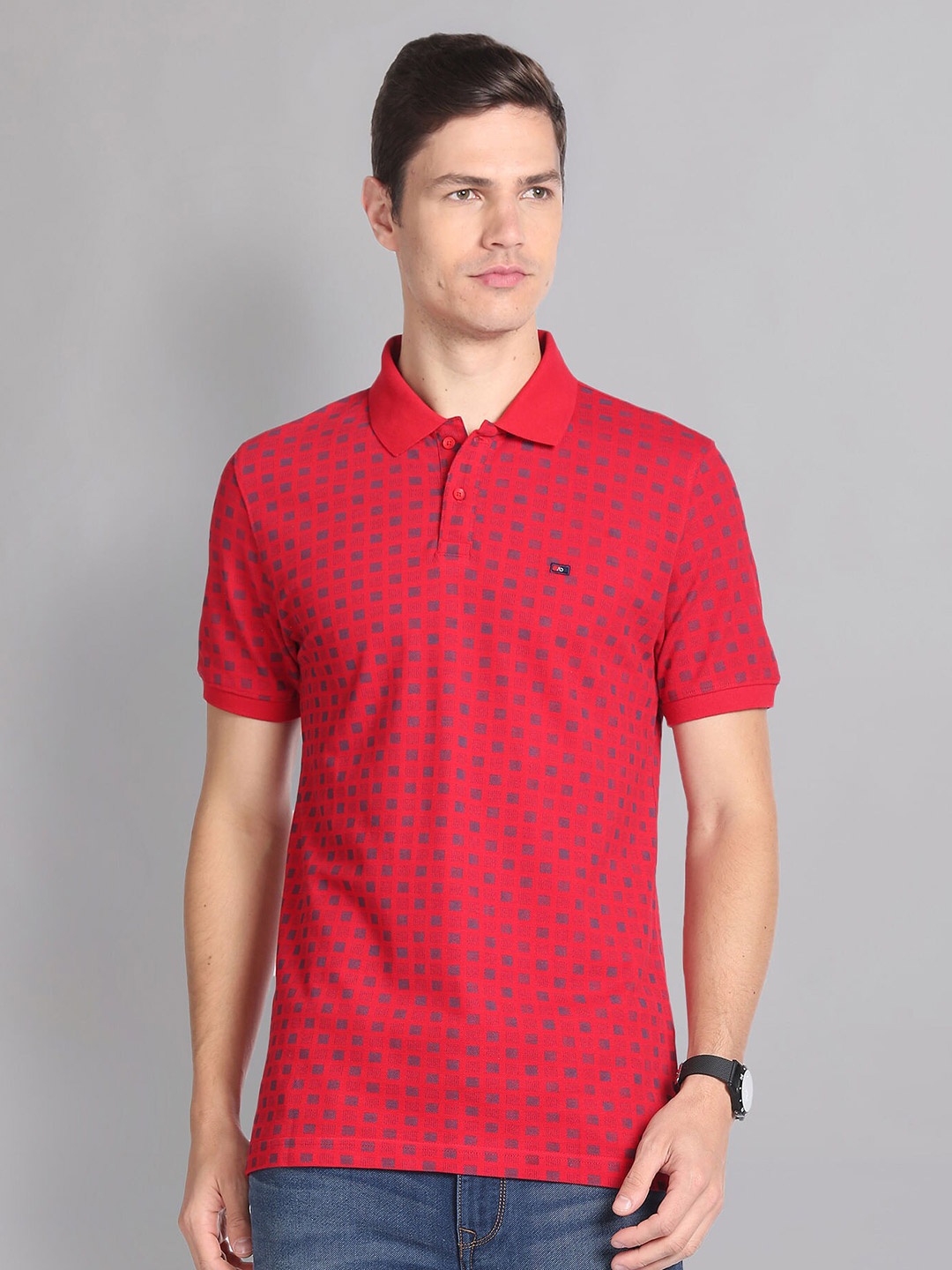 

AD By Arvind Geometric Printed Polo Collar Pure Cotton T-shirt, Red