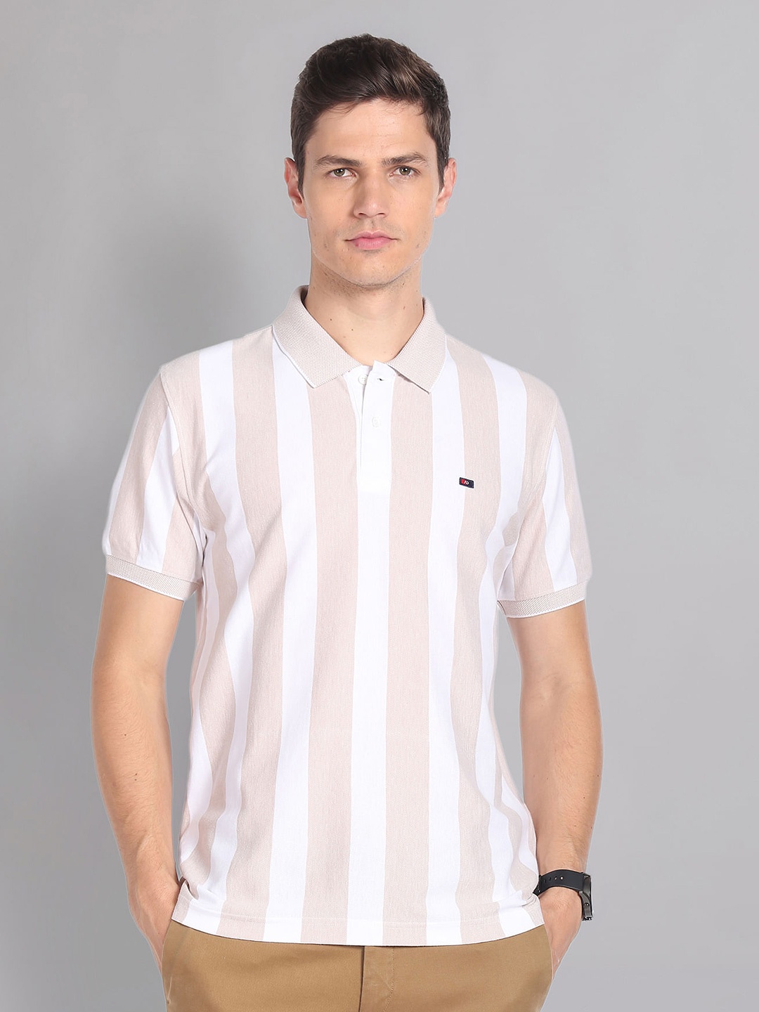 

AD By Arvind Striped Moistex Finish Polo Collar Pure Cotton Slim Fit T-shirt, Beige