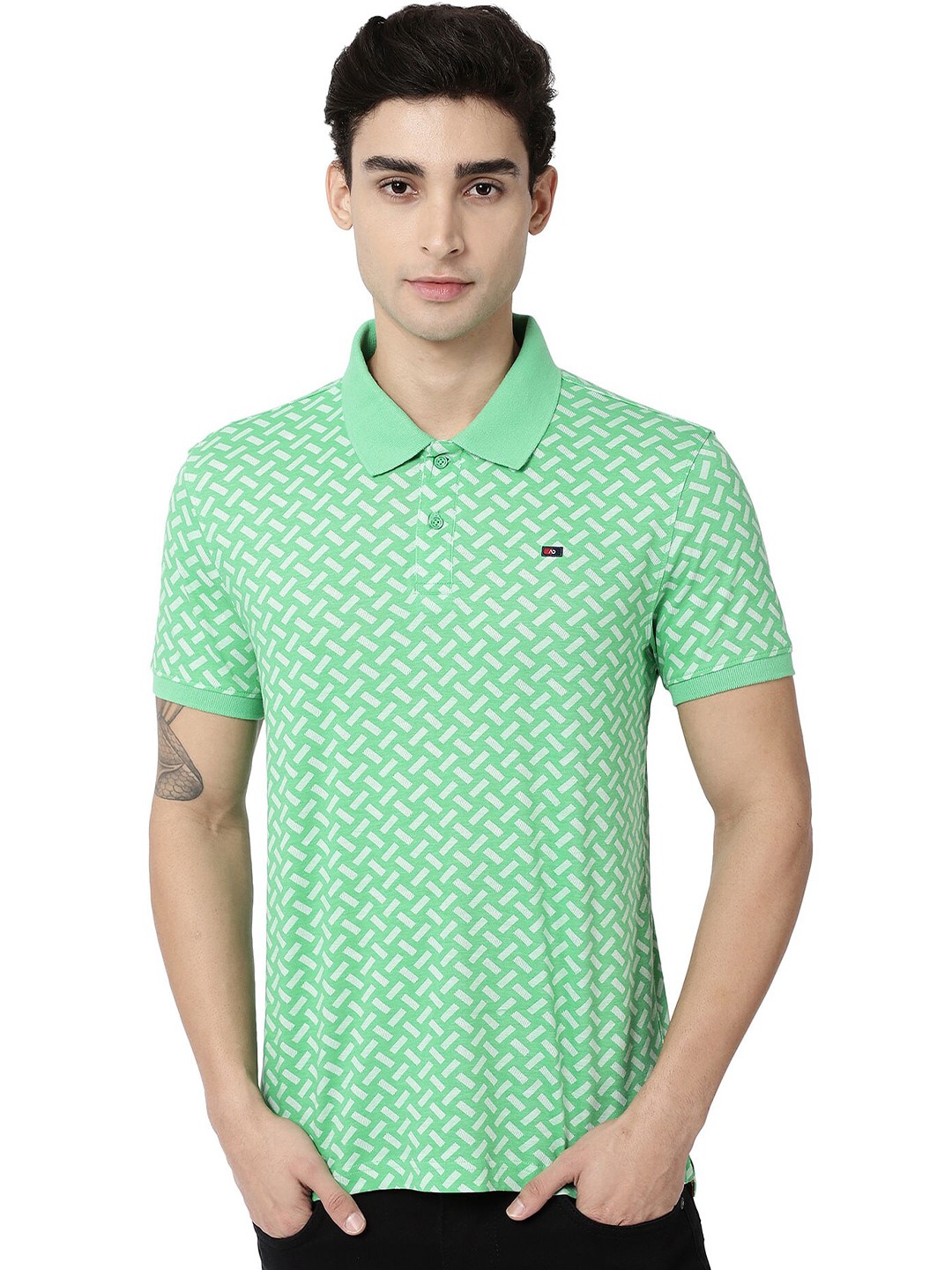 

AD By Arvind Geometric Printed Polo Collar Pure Cotton T-shirt, Green