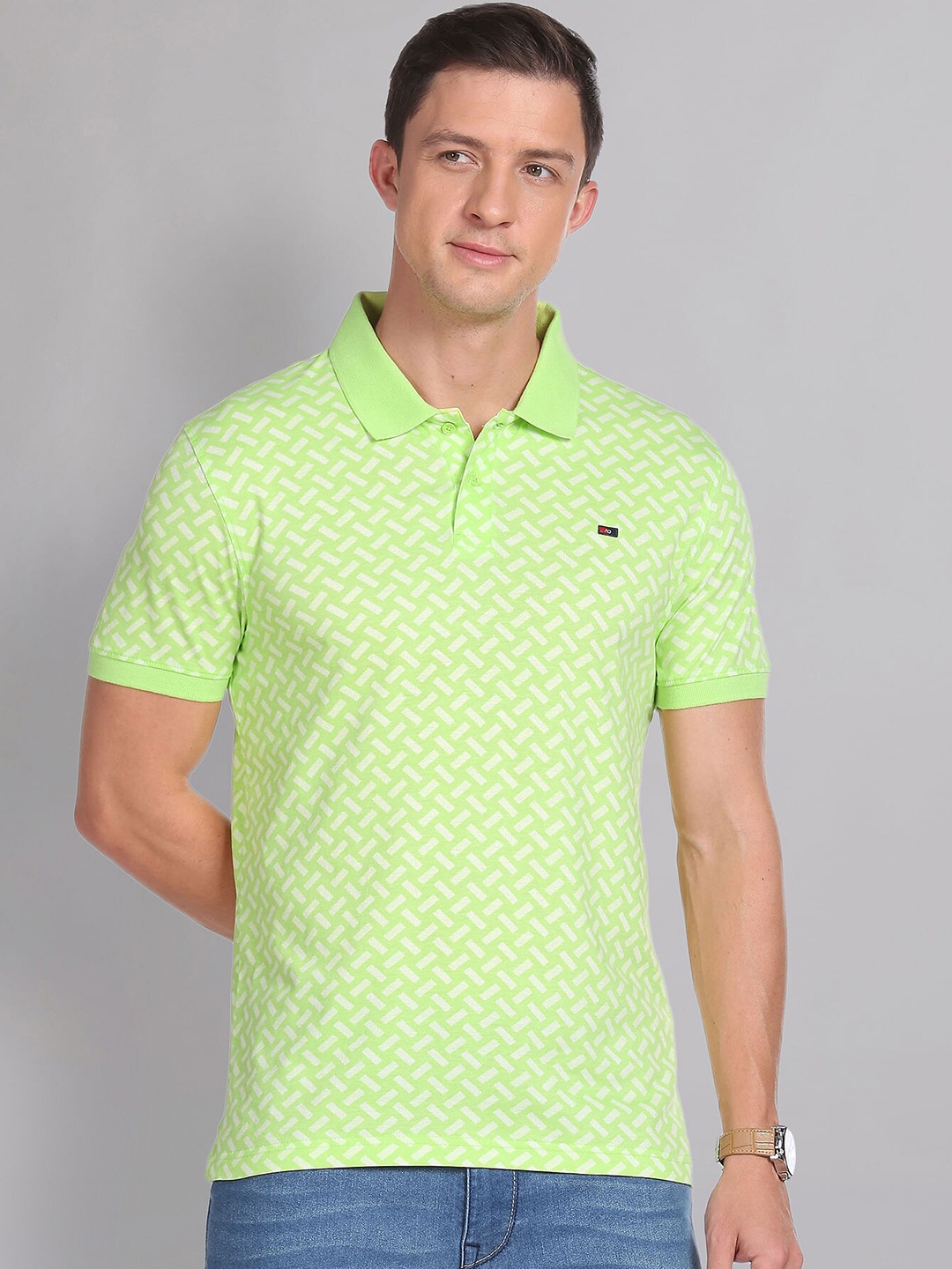 

AD By Arvind Geometric Printed Polo Collar Pure Cotton T-shirt, Green
