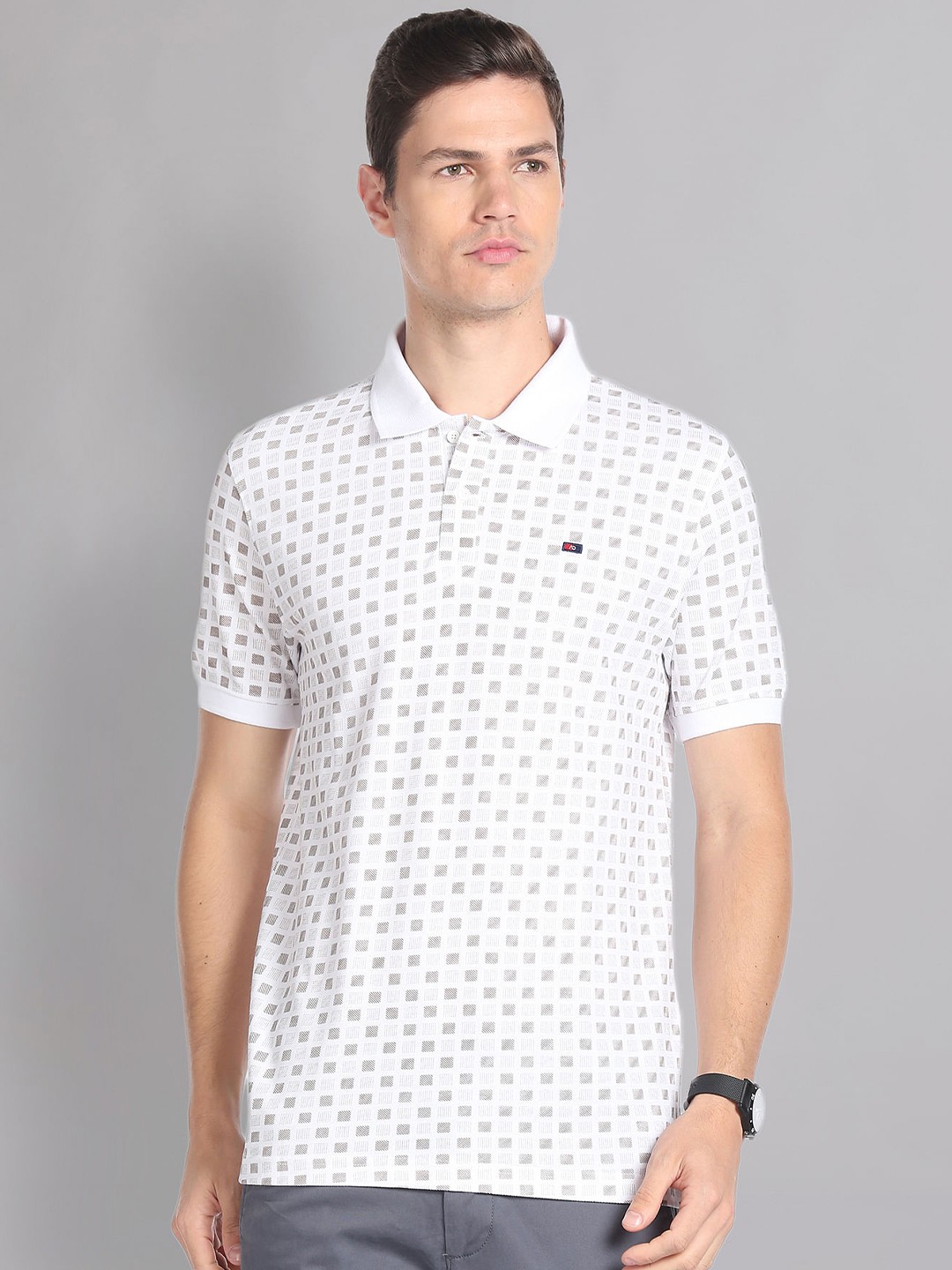 

AD By Arvind Geometric Printed Polo Collar Pure Cotton T-shirt, White