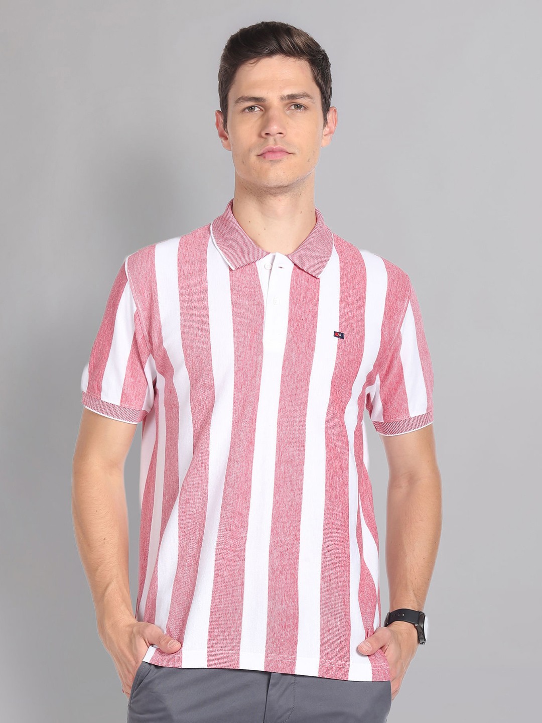 

AD By Arvind Striped Polo Collar Pure Cotton Slim Fit T-shirt, Red